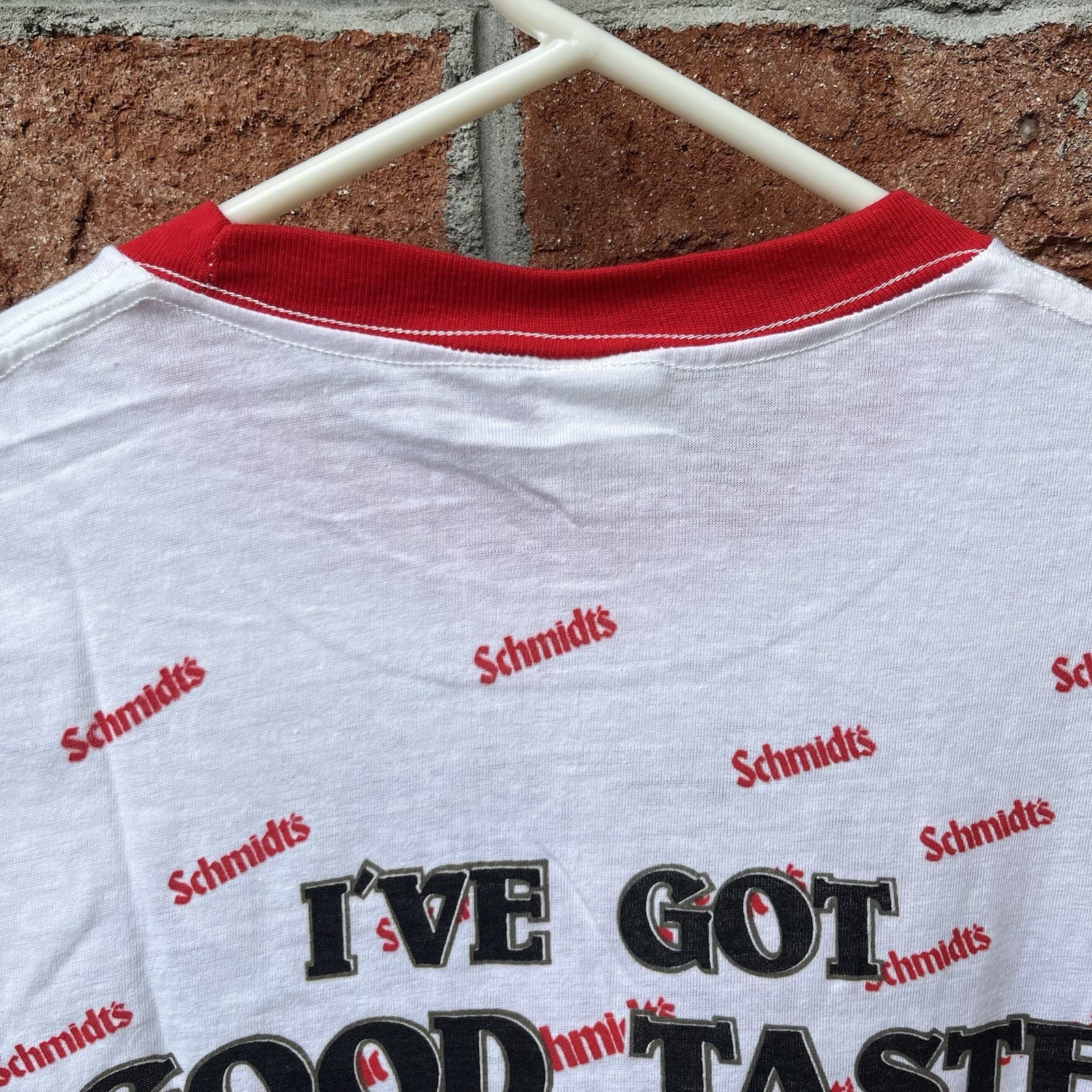 Vtg 70s Schmidt’s Beer Ringer T Shirt Double Sided Graphic Tee White & Red AOP