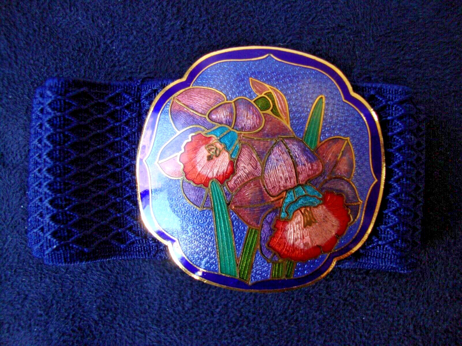 VINTAGE ART NOUVEAU CLOISONNE MULTI COLOR IRIS COBALT BUCKLE W/ STRETCH BELT