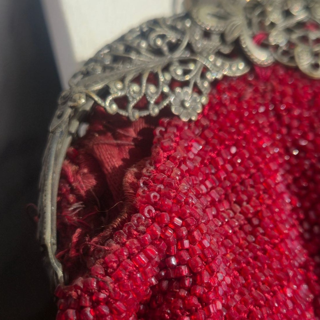 Antique Red Beaded Pouch Purse Ornate Brass Filigree Kiss Lock Reticule Tassel B