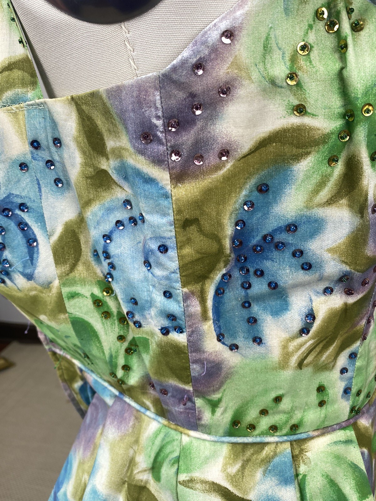 Vintage 1950s Cotton brushstroke floral cocktail party Dress Fit Flare As Is