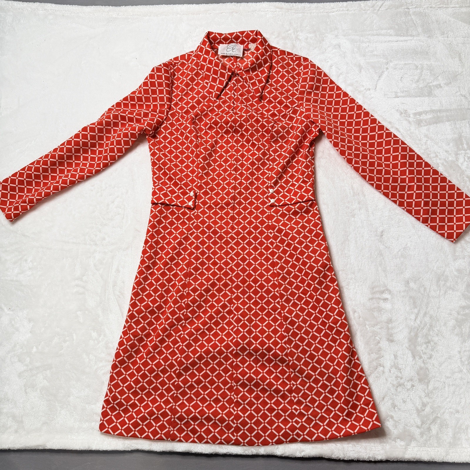 Rare Vintage Red Geometric Long-Sleeve Dress 70s Retro Mod