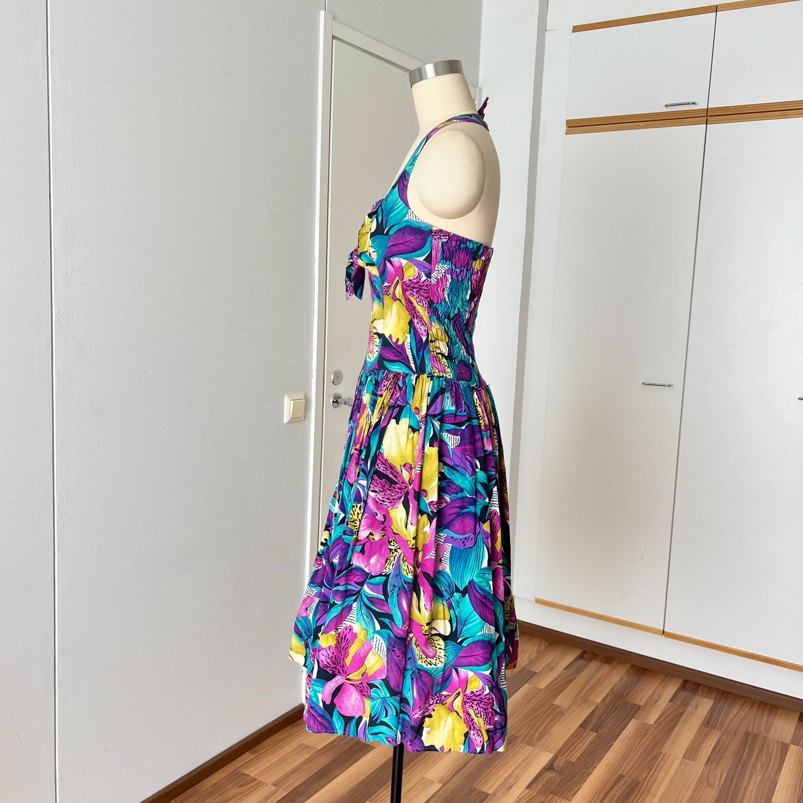 1980s West German Tropical Print Halter Neck Midi Dress Rockabilly 80s Does 50s