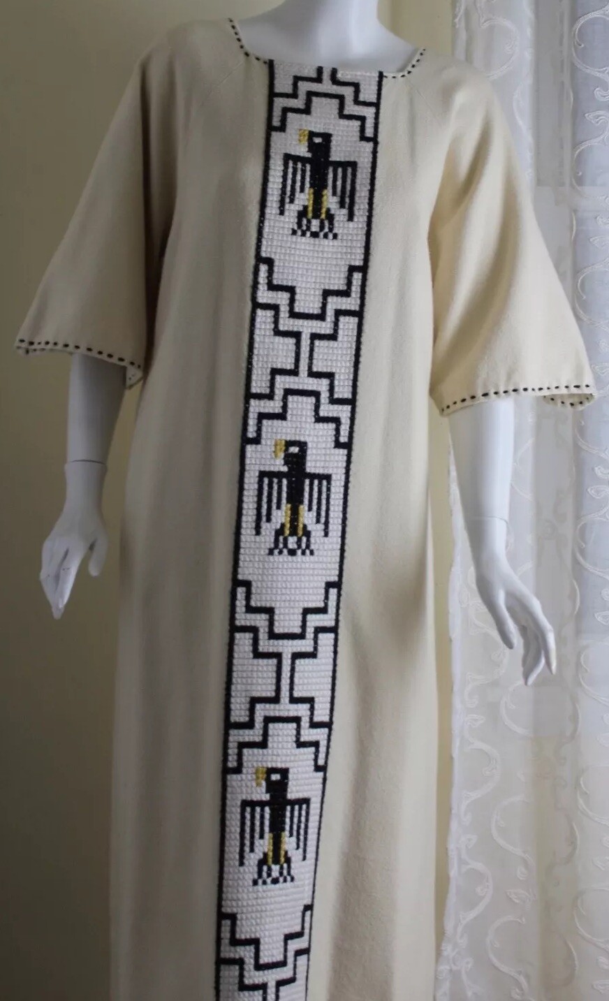 Suzette Paris Santa Fe L XL ART 1970s VTG Western Thunderbird Creamy Long Dress