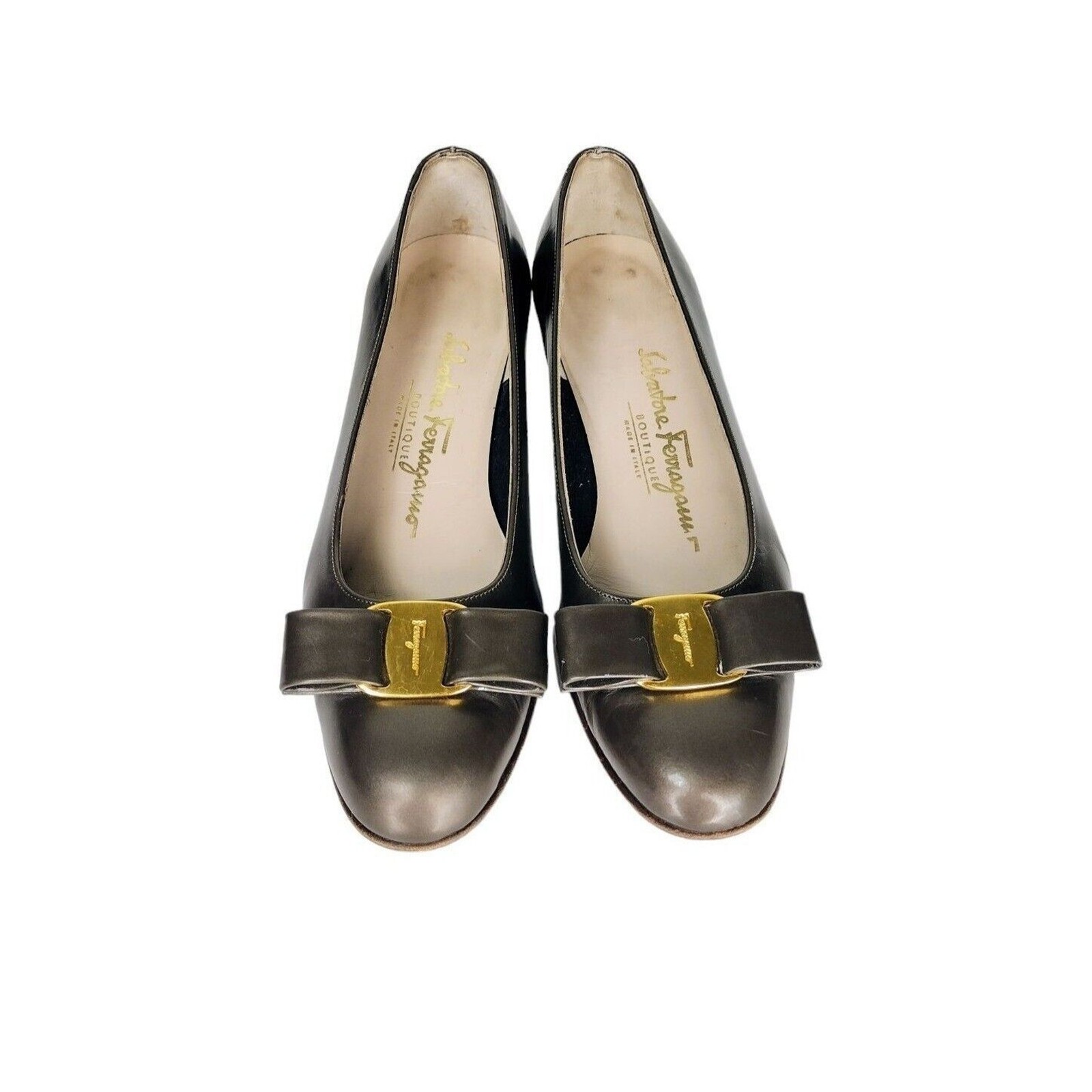 Salvatore Ferragamo Vintage 338 Lillaz Vara Pearled Bronze Leather Bow Pumps