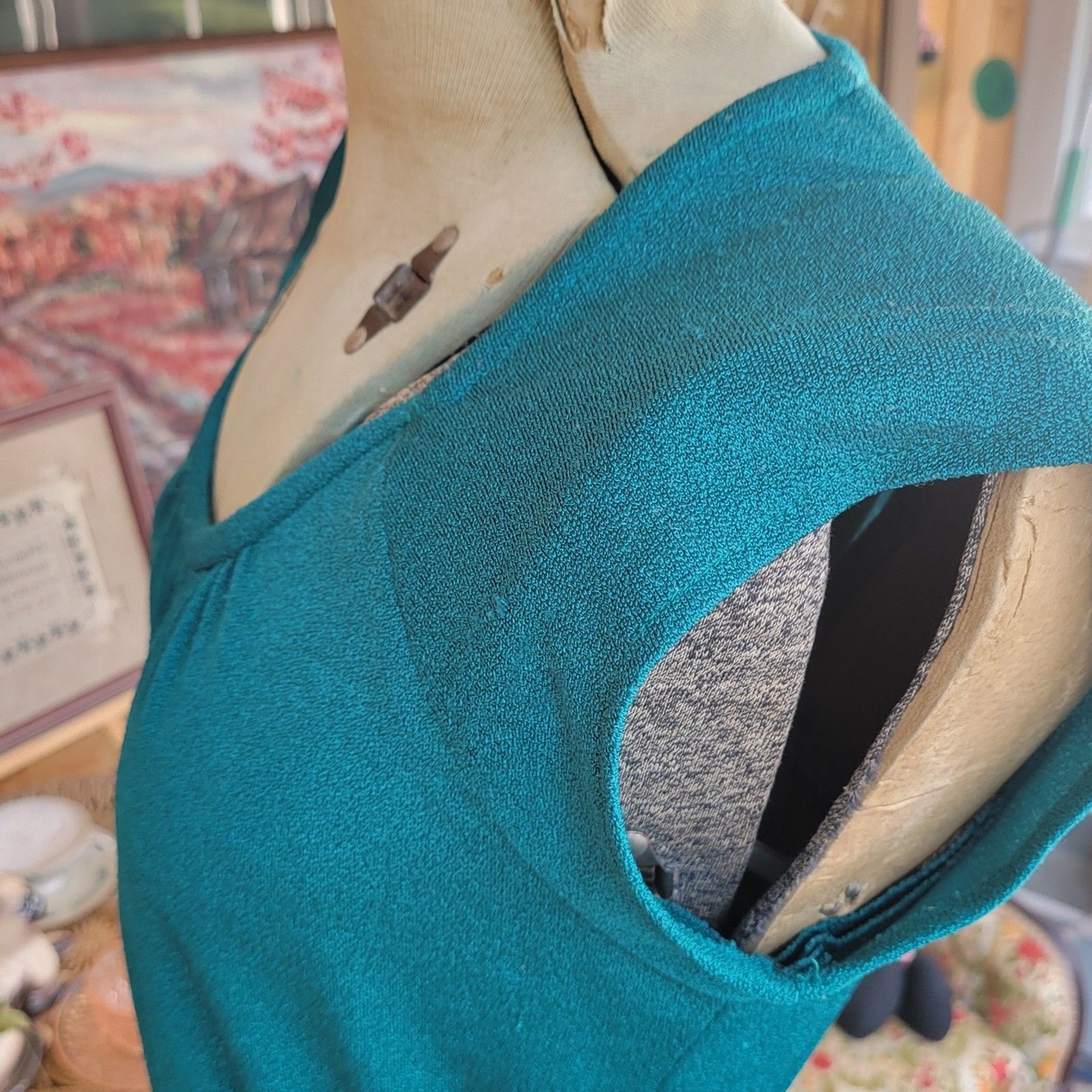 Vintage 1970’s Cinched Waist Soft Poly Sundress Braided Belt Sz S Teal