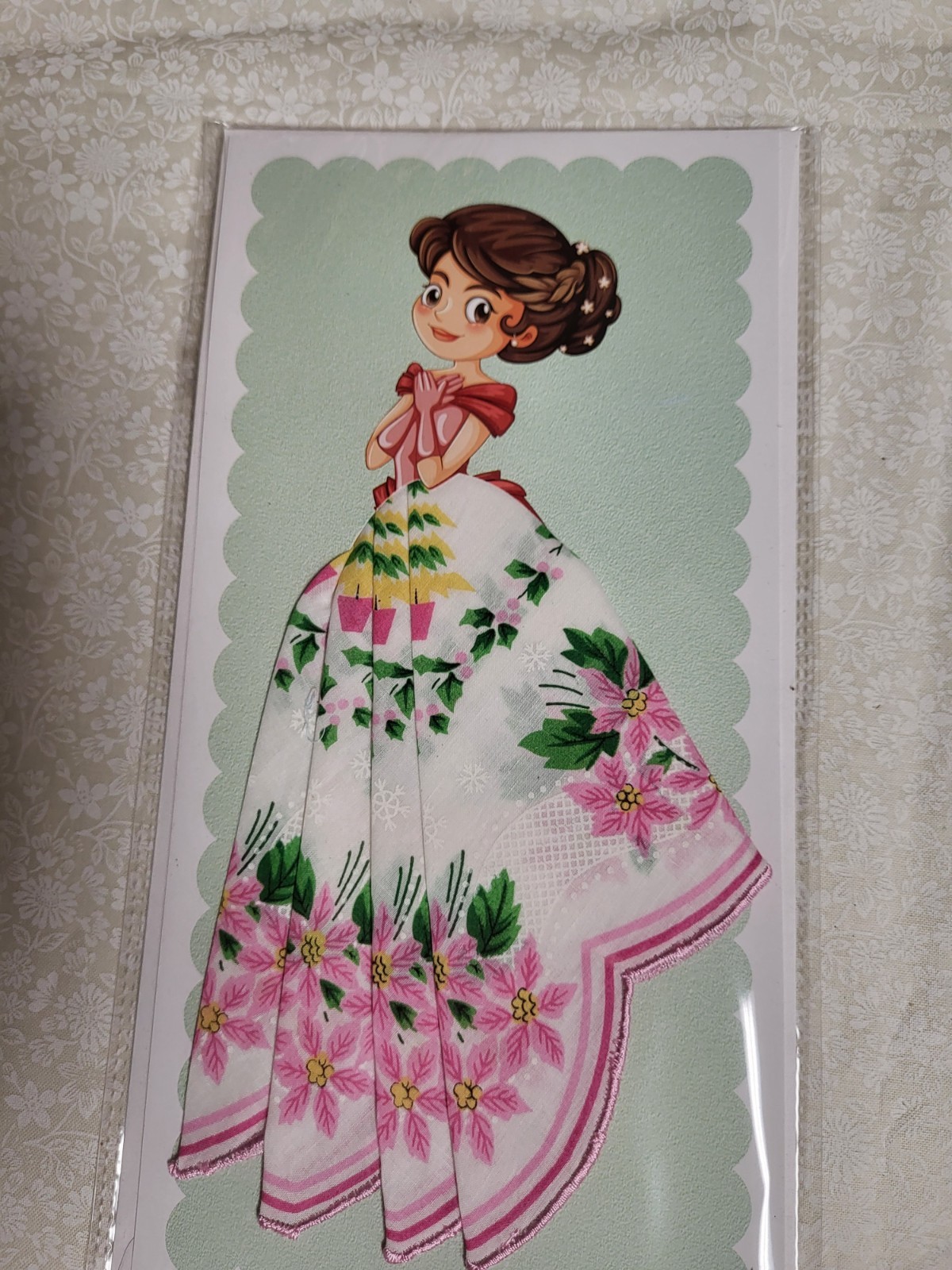 Retro hanky handerchief card; retro, full skirt, any occasion card; pink