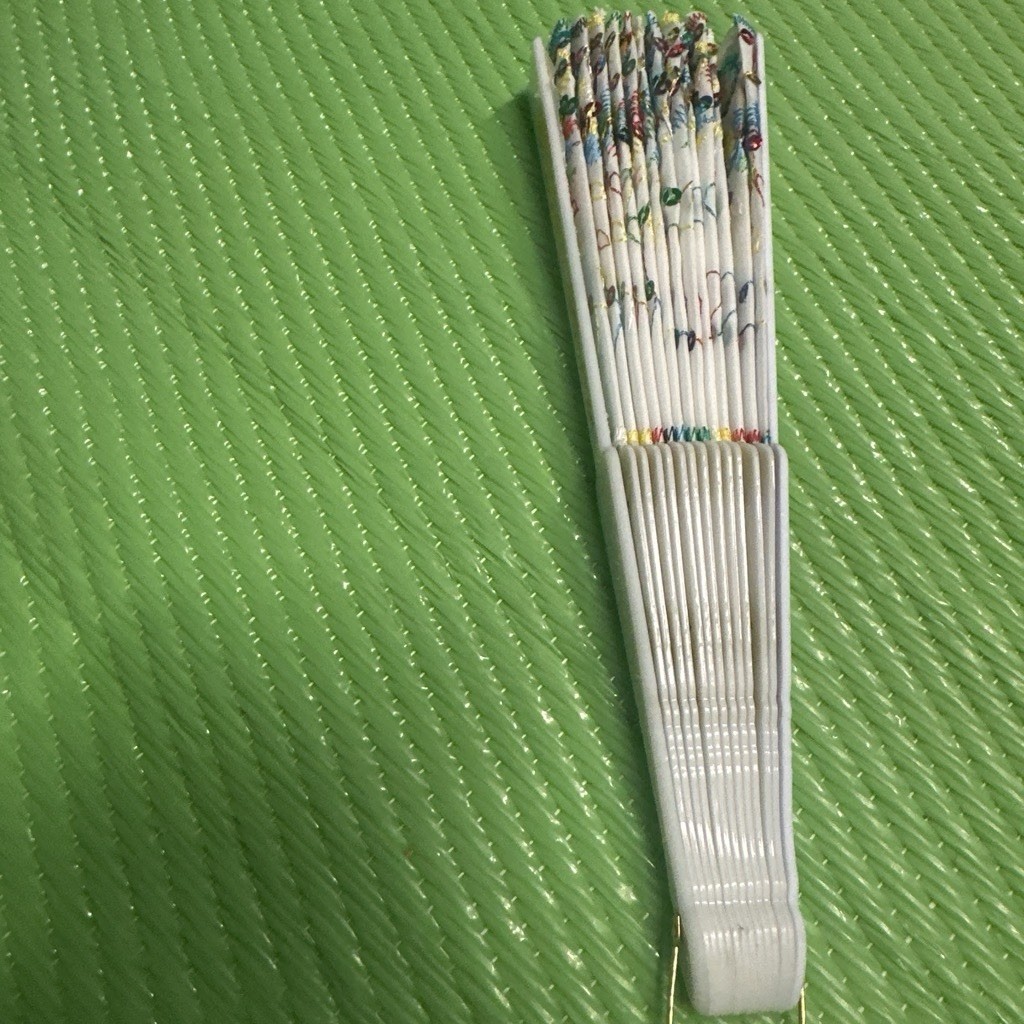 White Folding Hand Fan Multicolor Sequin Embroidery Gold Trim Floral Design
