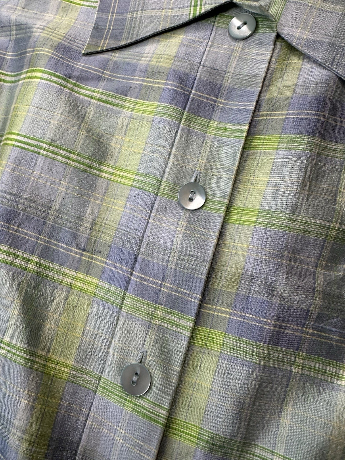 Vintage Works Saks Fifth Ave 100% Silk 10 Plaid Blue Grew Fit & Flare Dress Belt