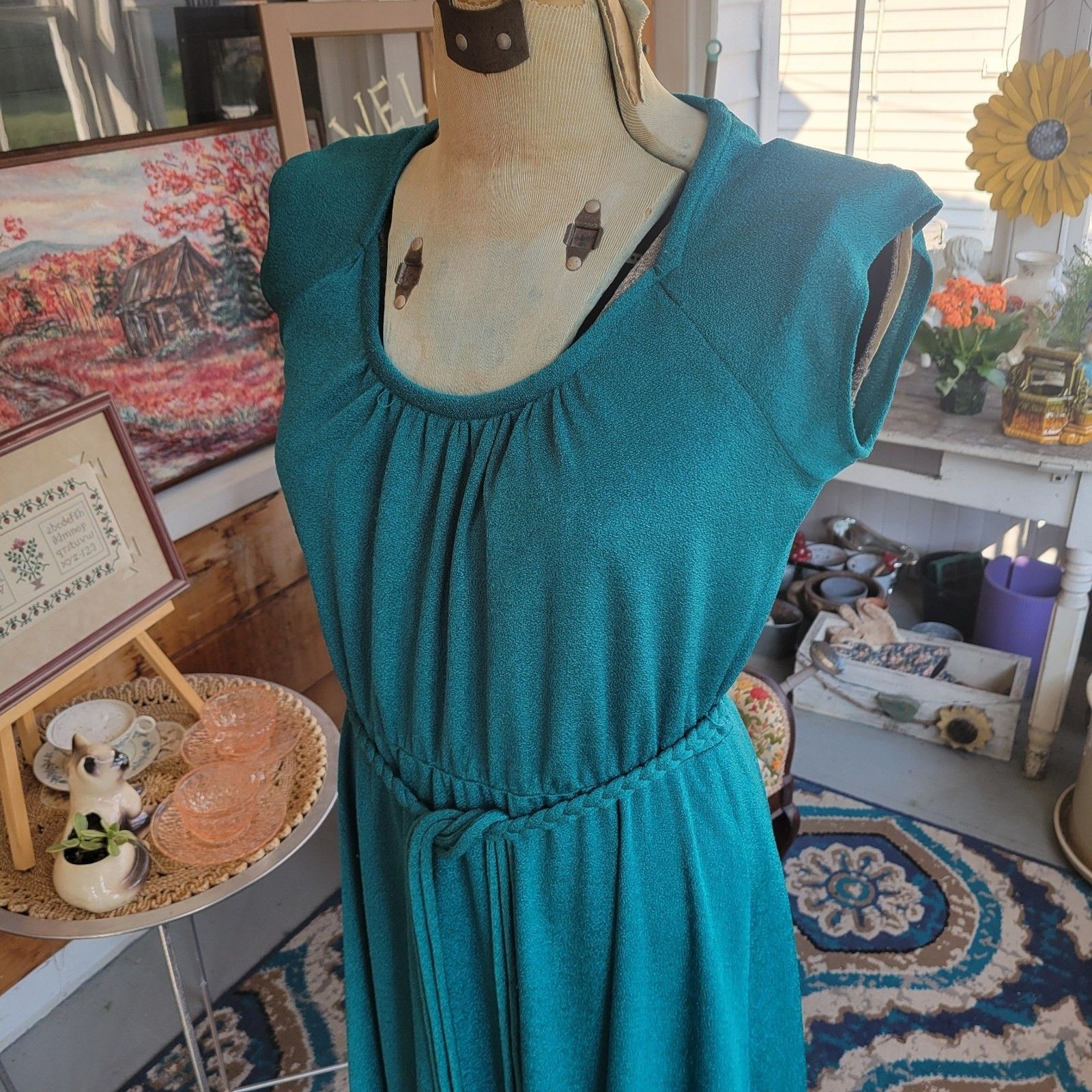 Vintage 1970’s Cinched Waist Soft Poly Sundress Braided Belt Sz S Teal