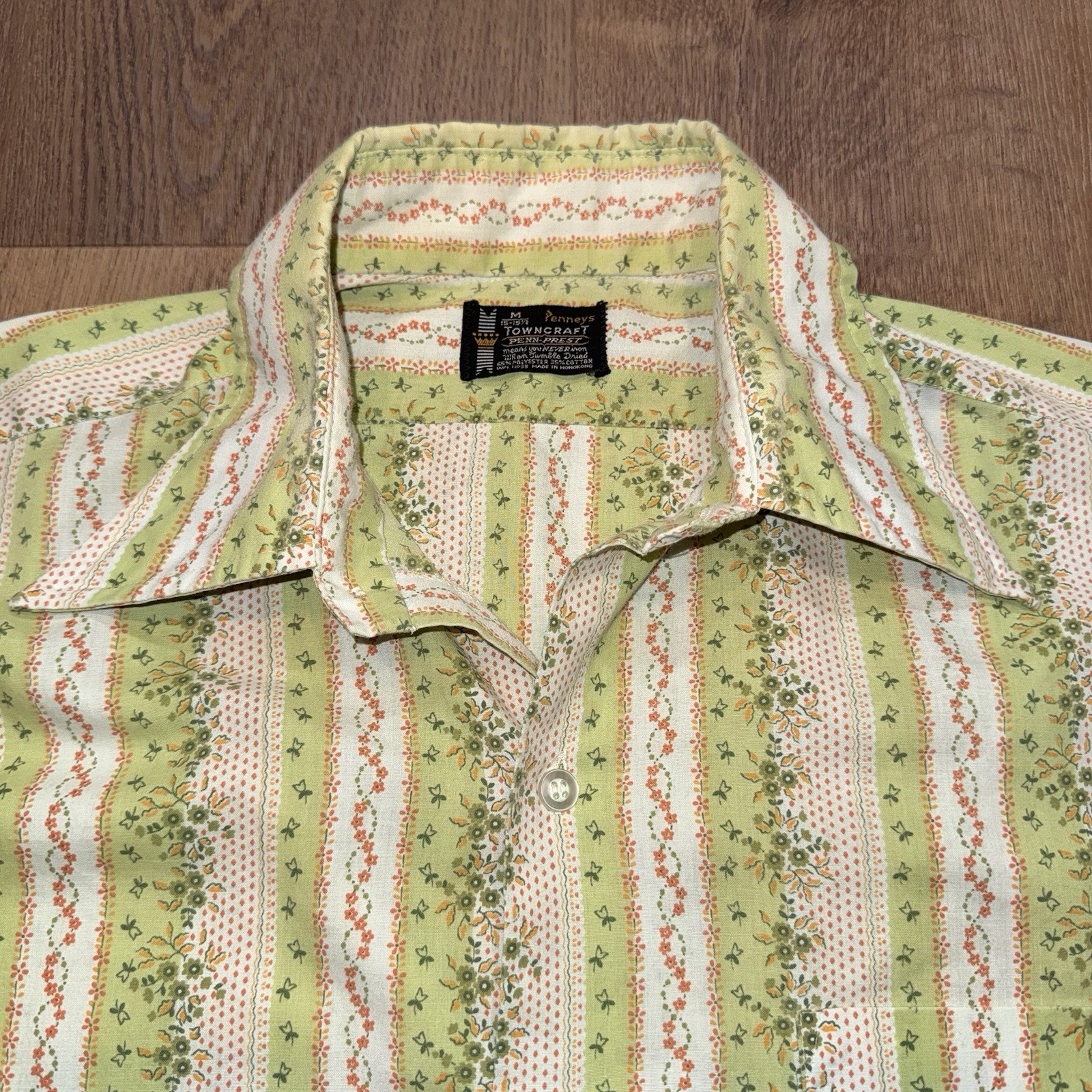 1960s Towncraft Penneys Shirt Vtg Hippie Disco MCM Mod Green Floral Mens Medium