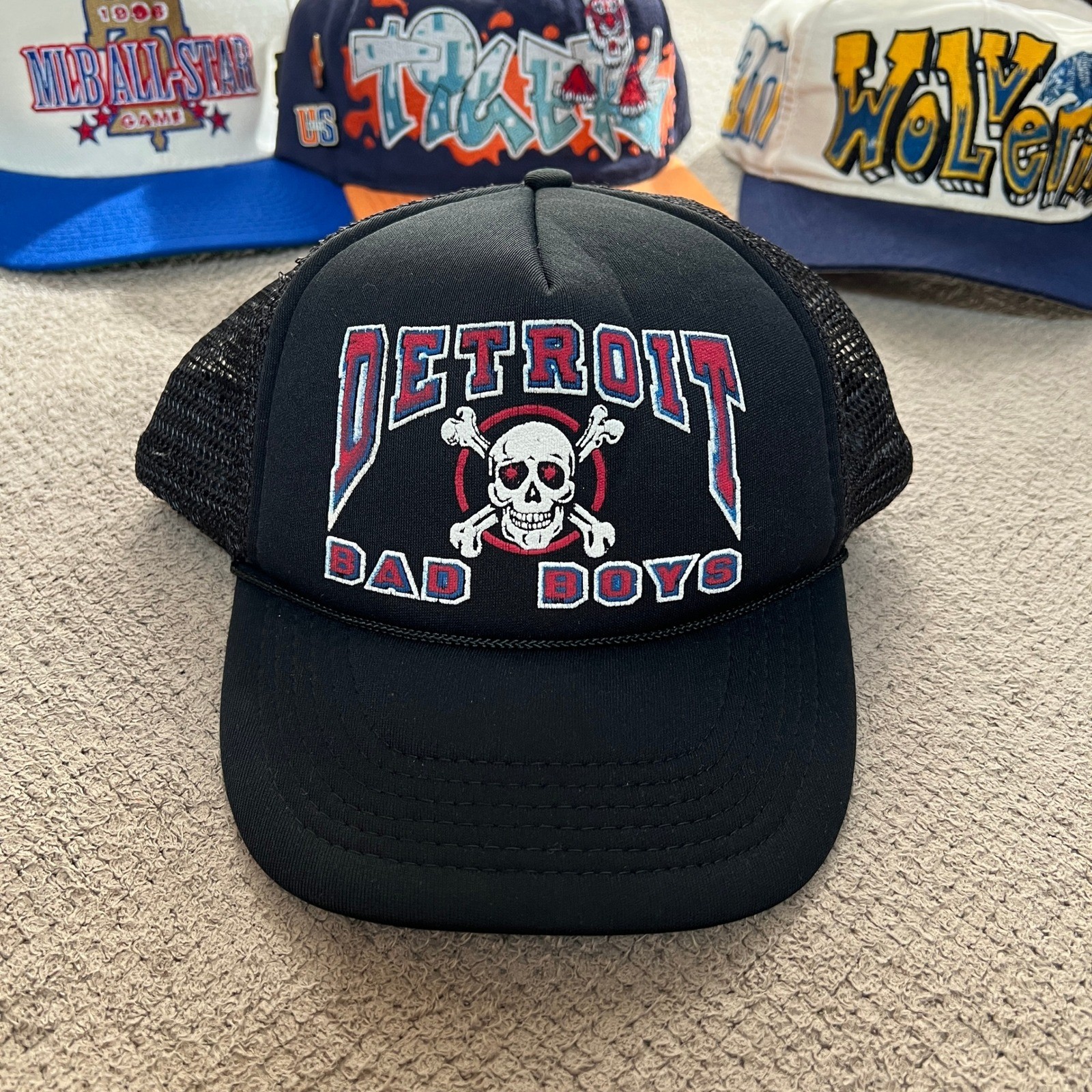 Vintage 1990s Detroit Bad Boys Skull Mesh Trucker Hat Black Adjustable Snapback