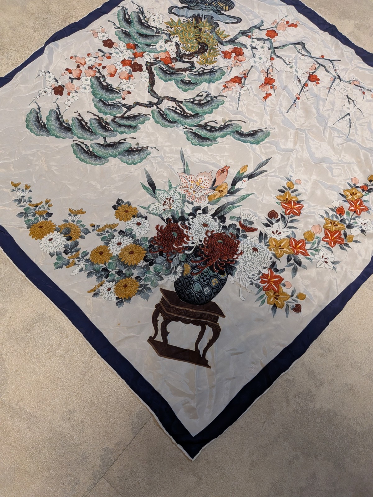 VTG Bonsai Tree Dragon Vase Silk 29 1/2 x 30 Square Scarf Floral Wine