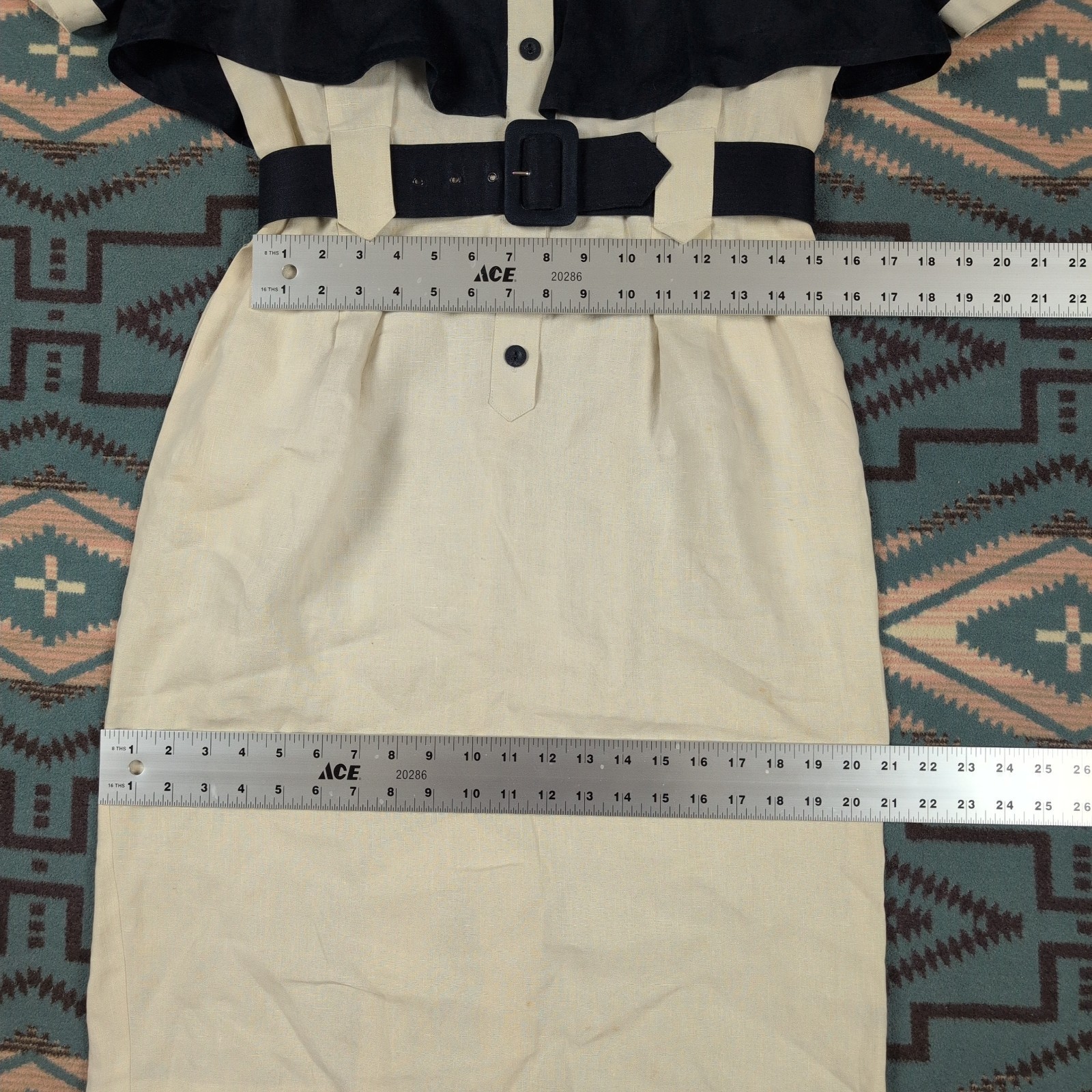 Vintage 80s Size 10 Joanie Char Navy Sailor L Cotton Linen Midi Dress Cream Blue
