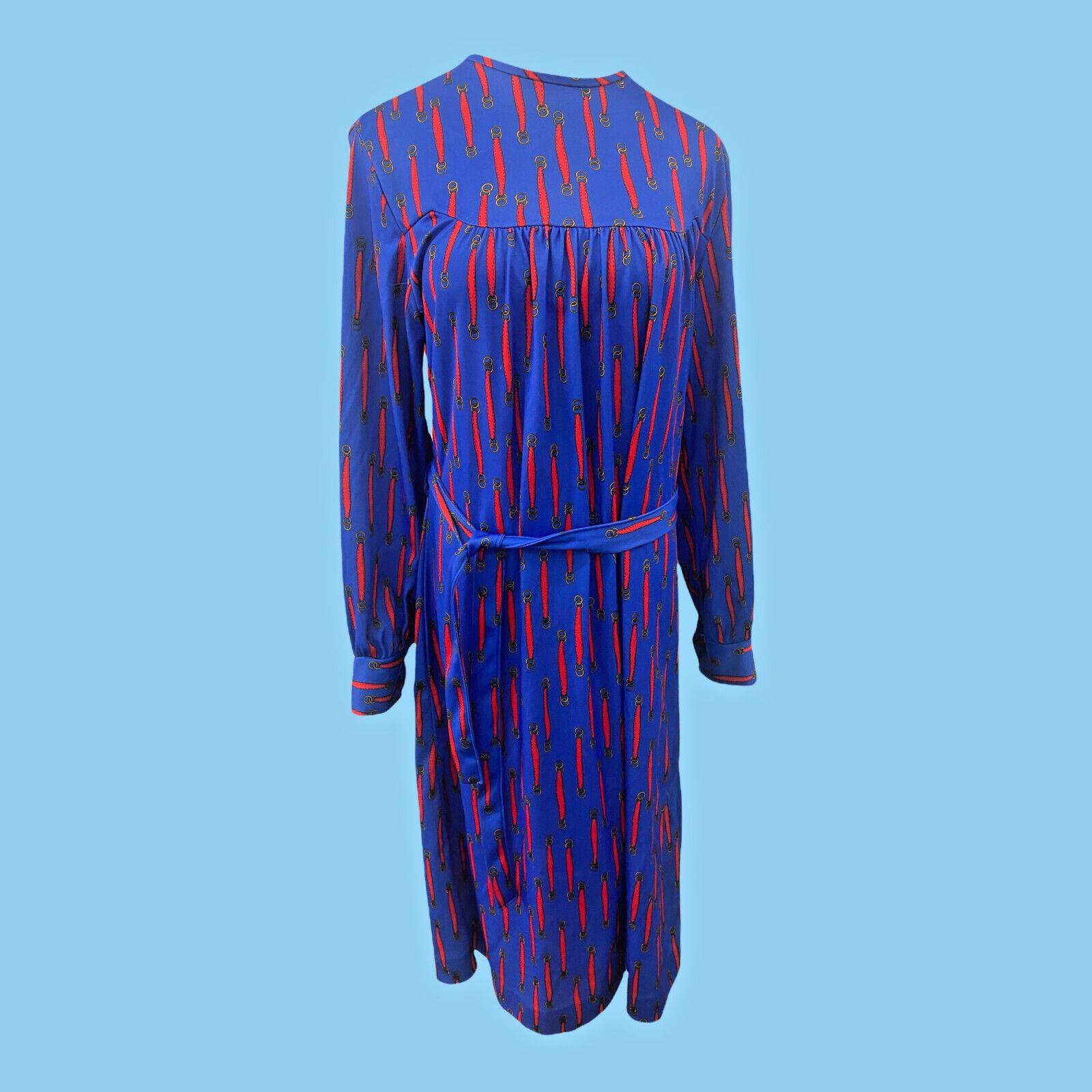 Vintage 1970’s Arlene Andrews Blue Red Horsebit Pattern Midi Dress Med – L