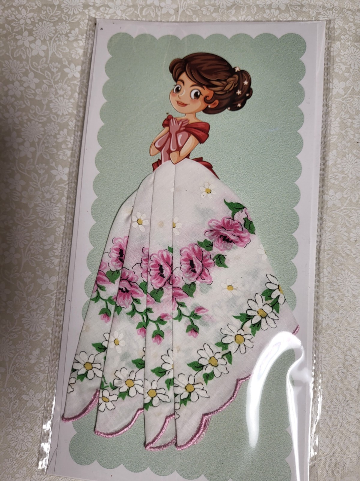 Retro hanky handerchief card; retro, full skirt, any occasion card; pink