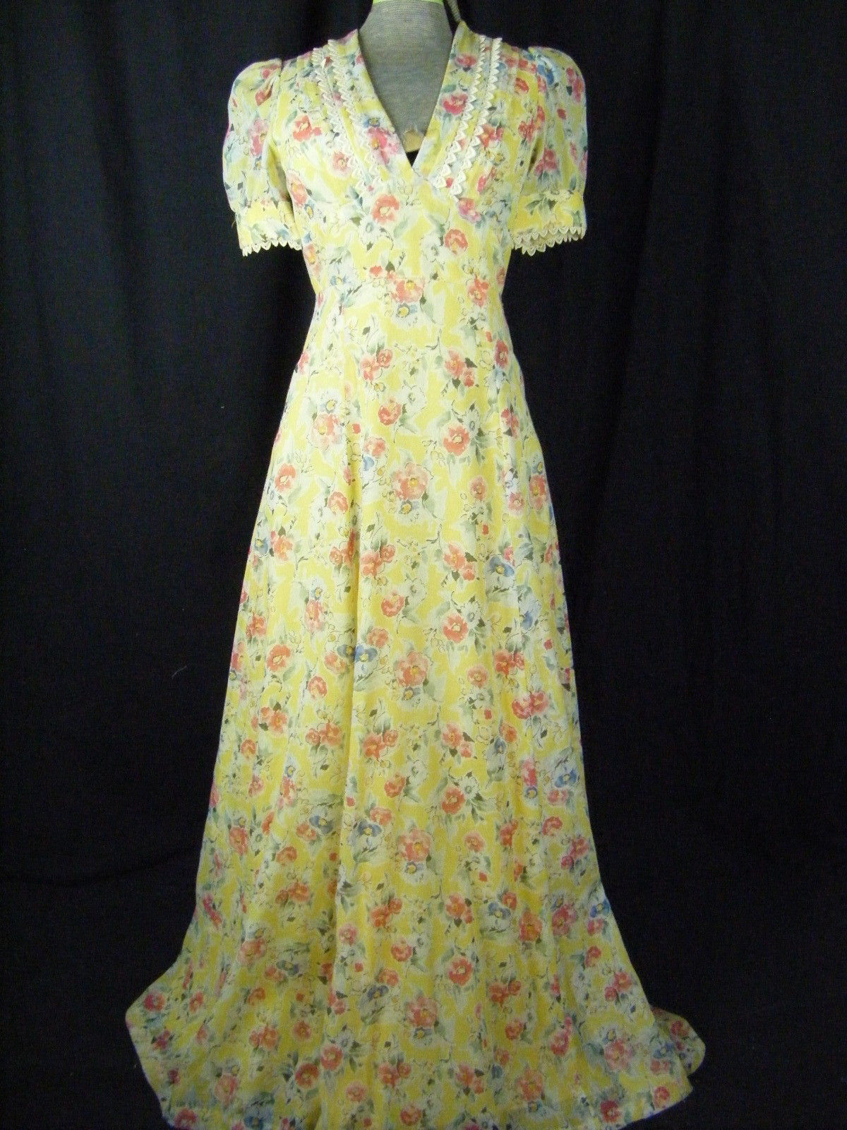 Vtg 70s Yellow Water Color Floral 1930s Inspired Long Dress-Bust 34/2XS