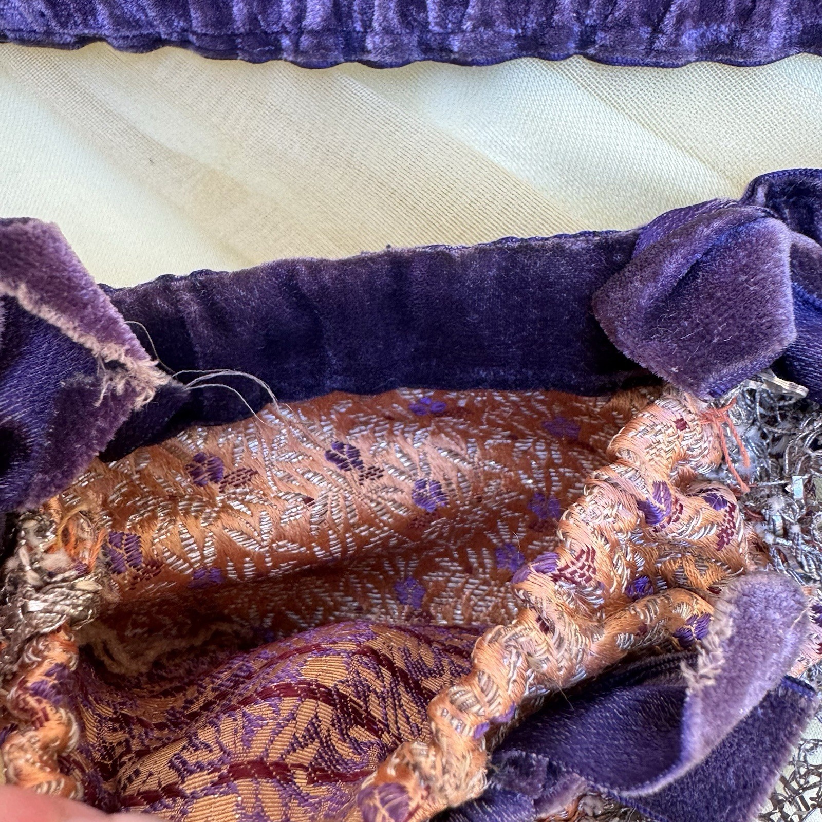 Antique 19th C Purple Lamé Garter Velvet Bow Orange Lingerie Secret Pouch VTG