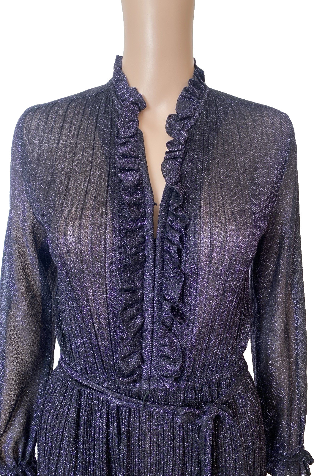 Vintage P.C.F. PETITES By Hal Ferman Purple Semi Sheer Pleated Metallic Dress