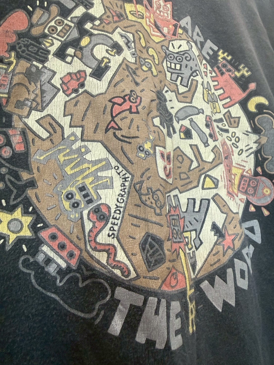 Vintage 1987 Speedy Graphito You Are The World Art T Shirt Single Stitch XL Fade