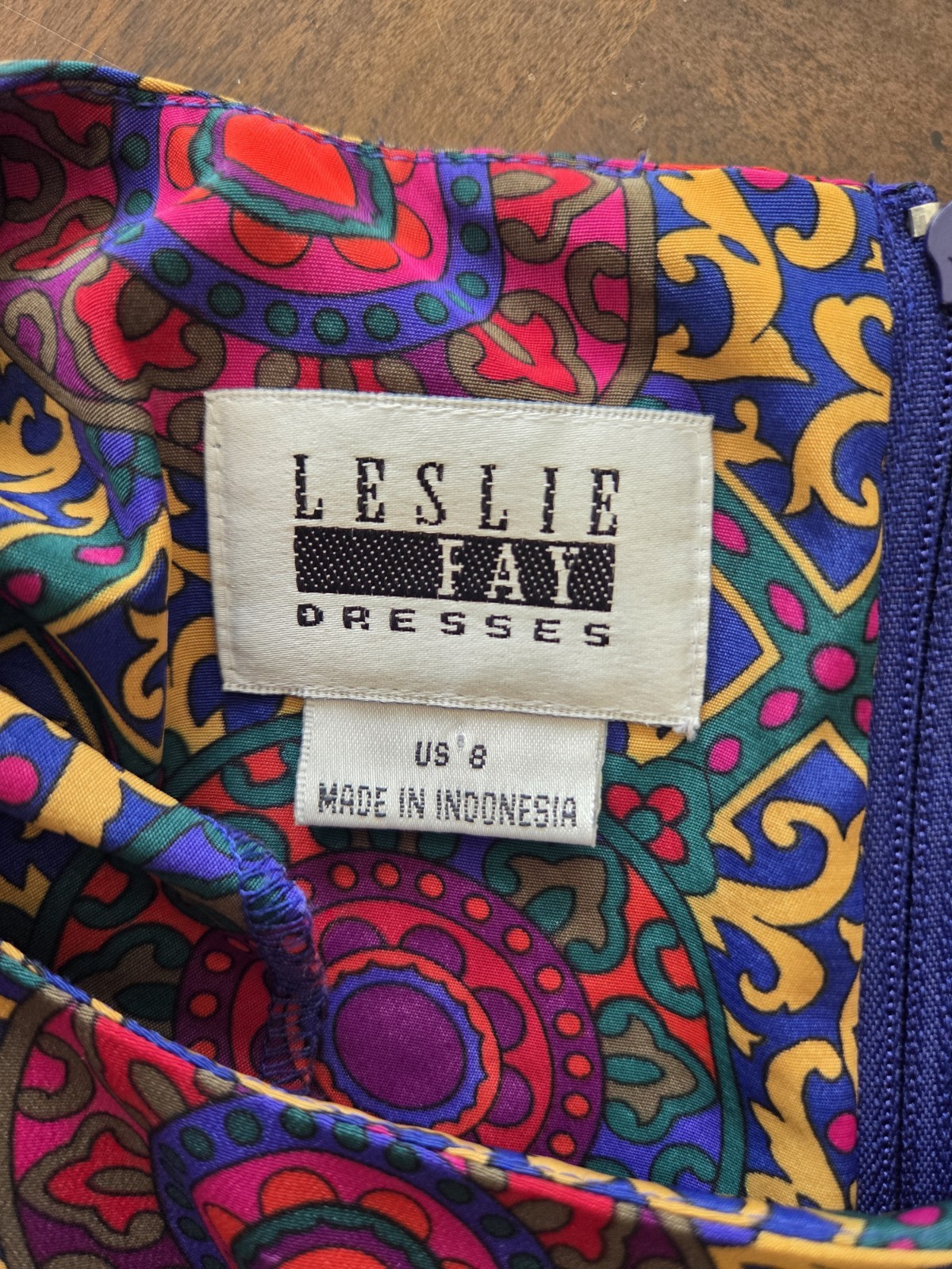 Leslie Fay Vintage 1980s Drop Waist Ruffle Geometric Polyester Satin Dress Sz 8