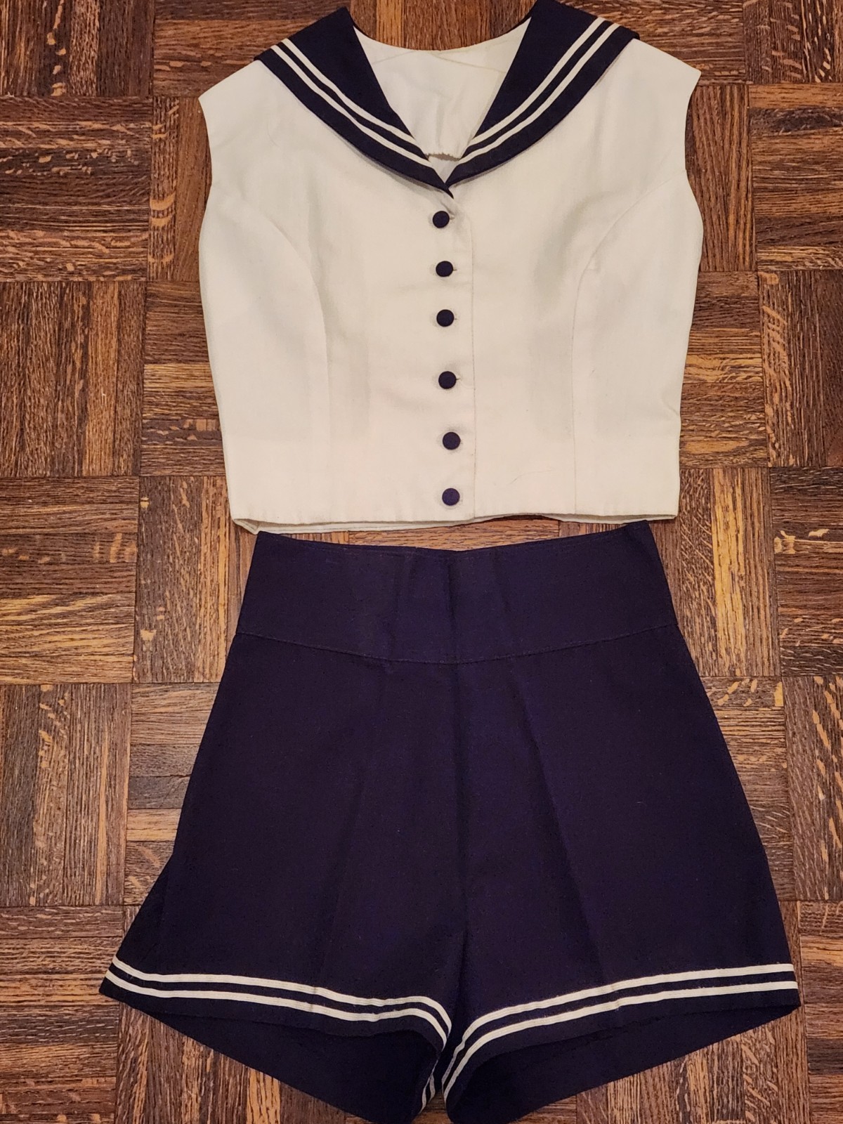 Vintage 1970s Purple & White Sailor Top and Shorts Professionally Handmade XS-S