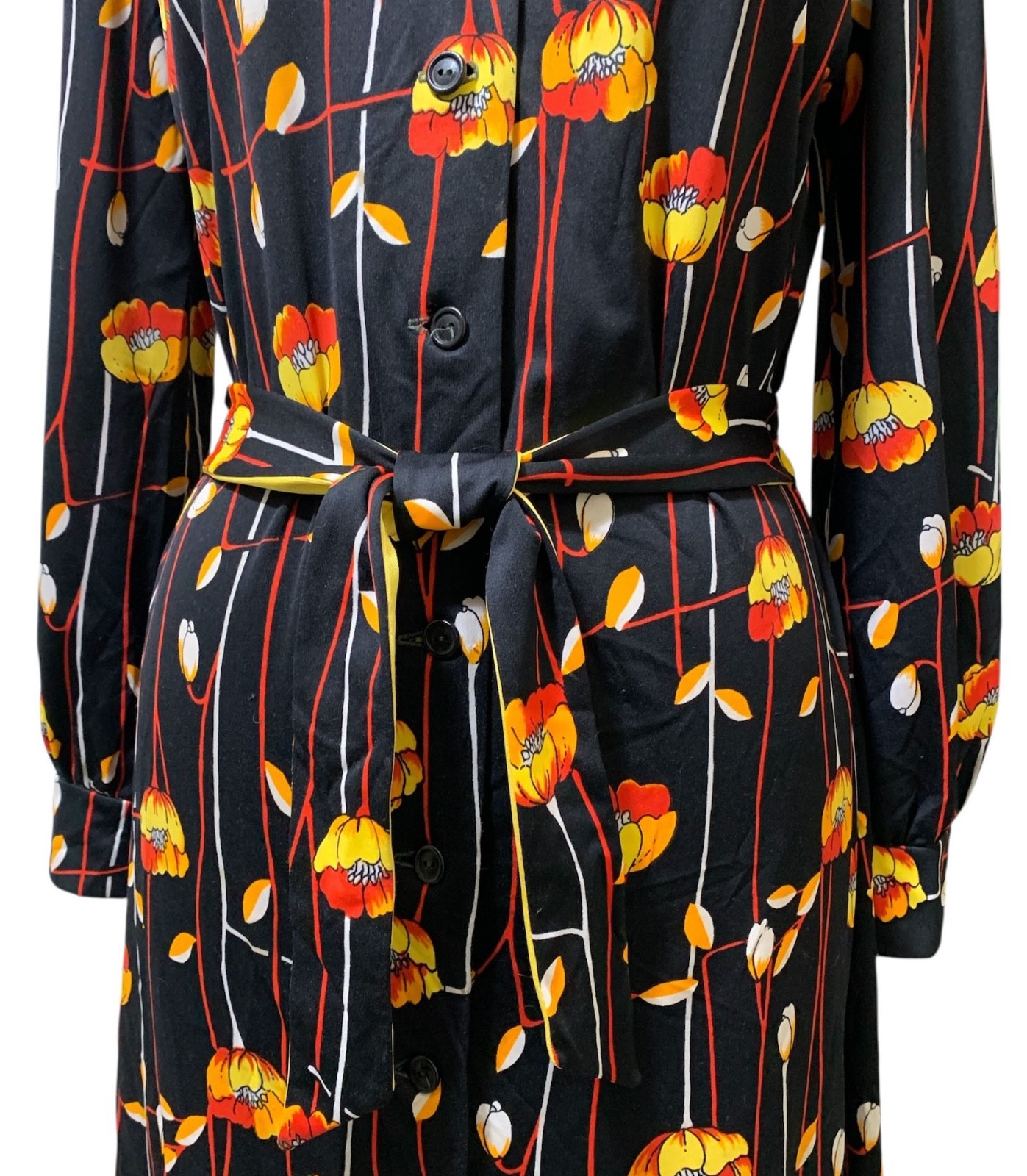 Vintage 70s Women’s LS Black Polyester Knit Floral Stripe Shirtwaist Dress Sz L