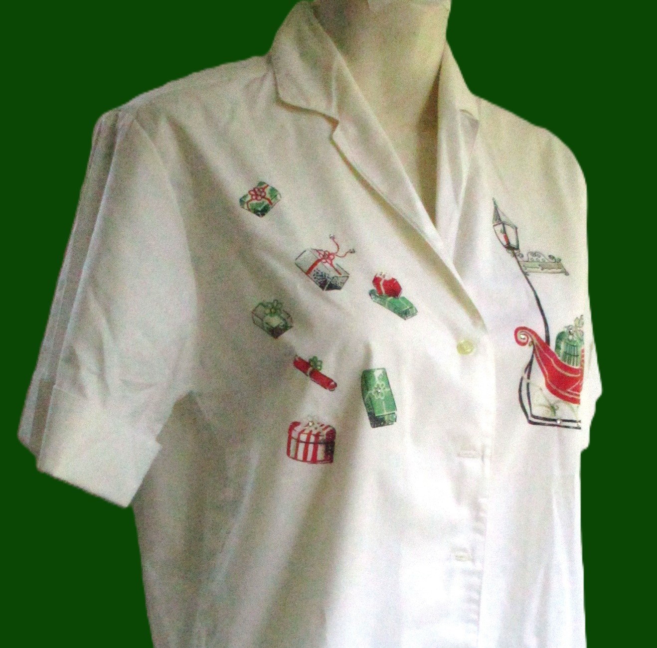 Adelaar 1950’s Victorian Christmas Print Blouse Punched Rhinestones Vintage 12