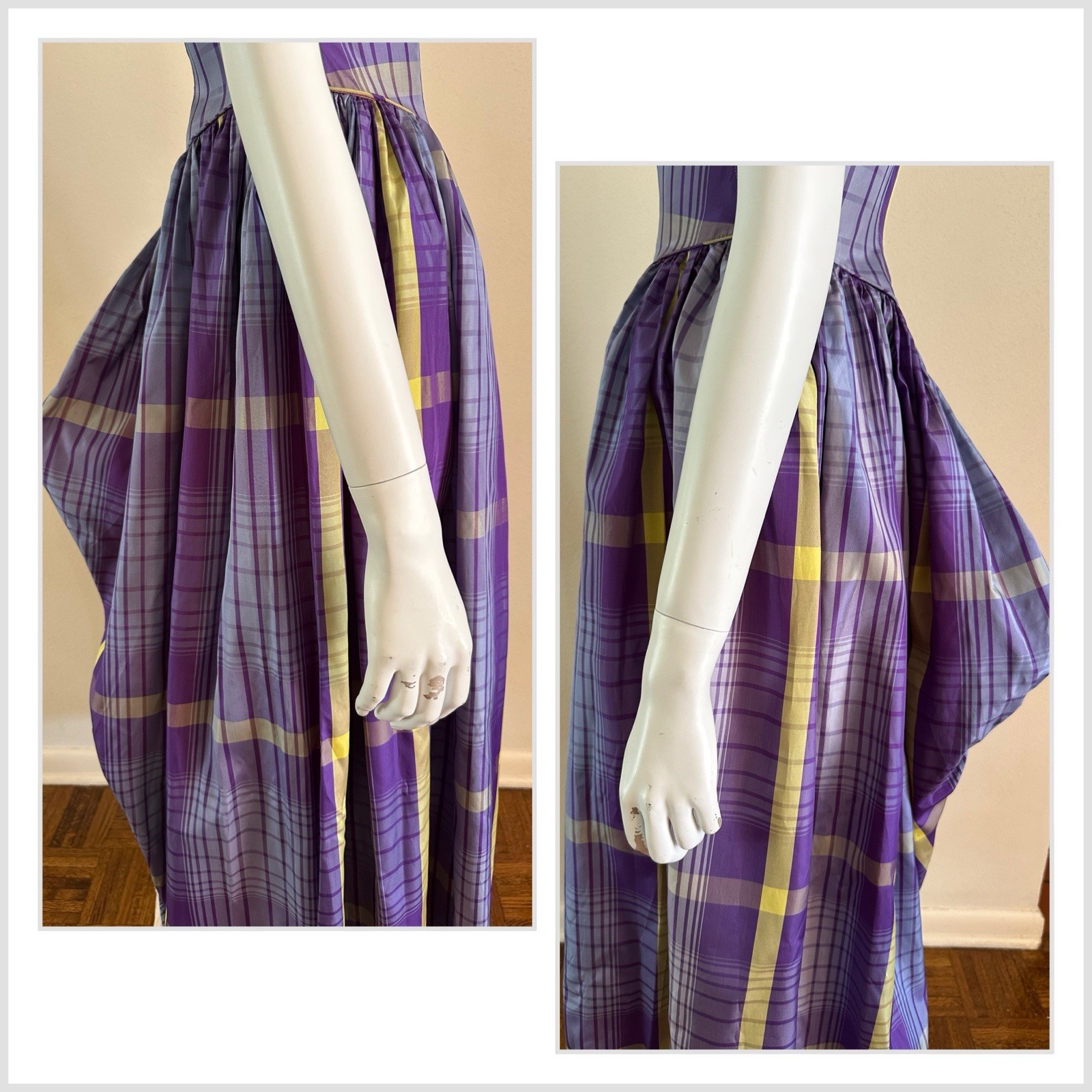 1940s A Bon-Ray Design Plaid Taffeta Party Dress Bustle Back Cocktail Gown VTG