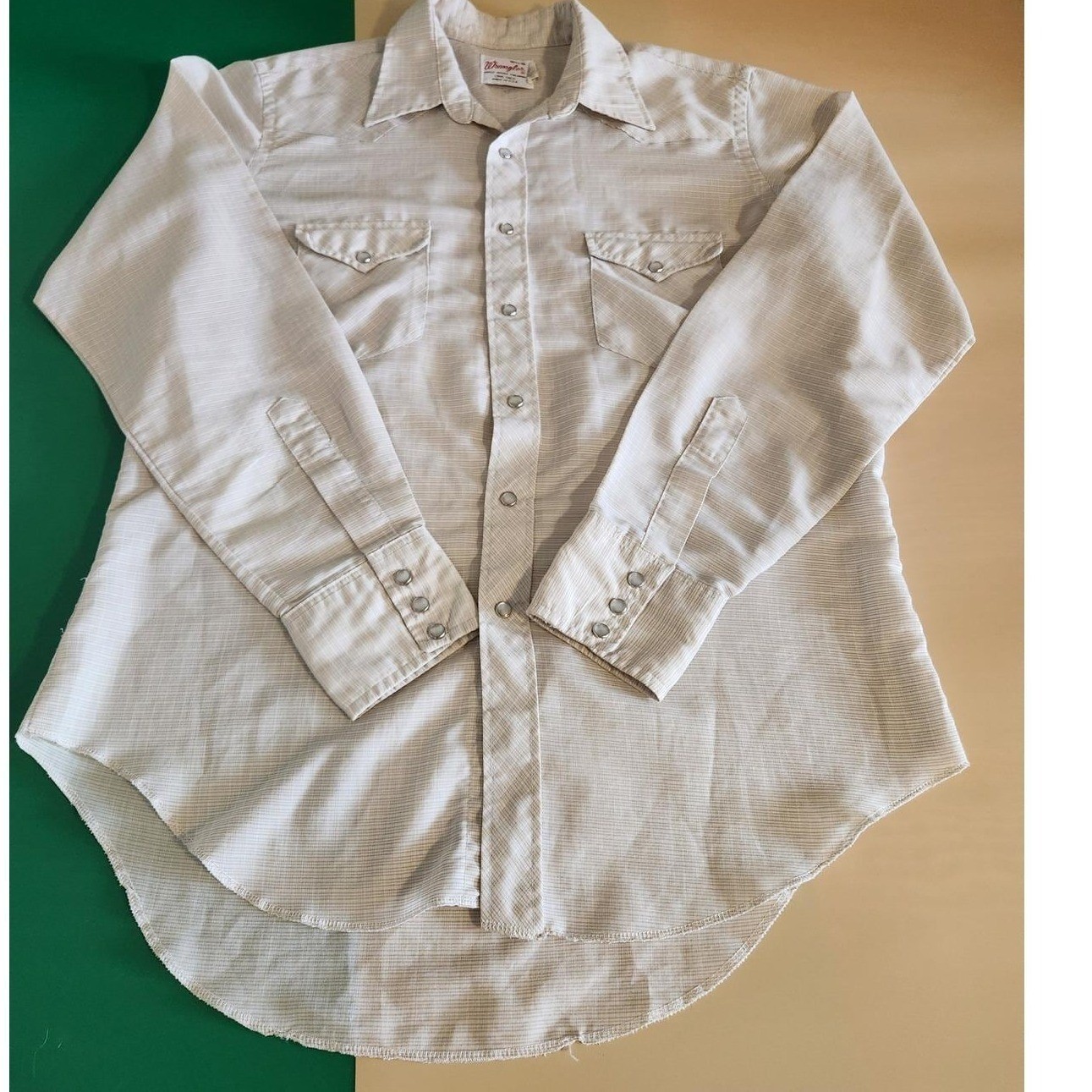Wrangler Western Shirt Mens 16.5×36 Tan Stripe Pearl Snap Long Tail Made in USA