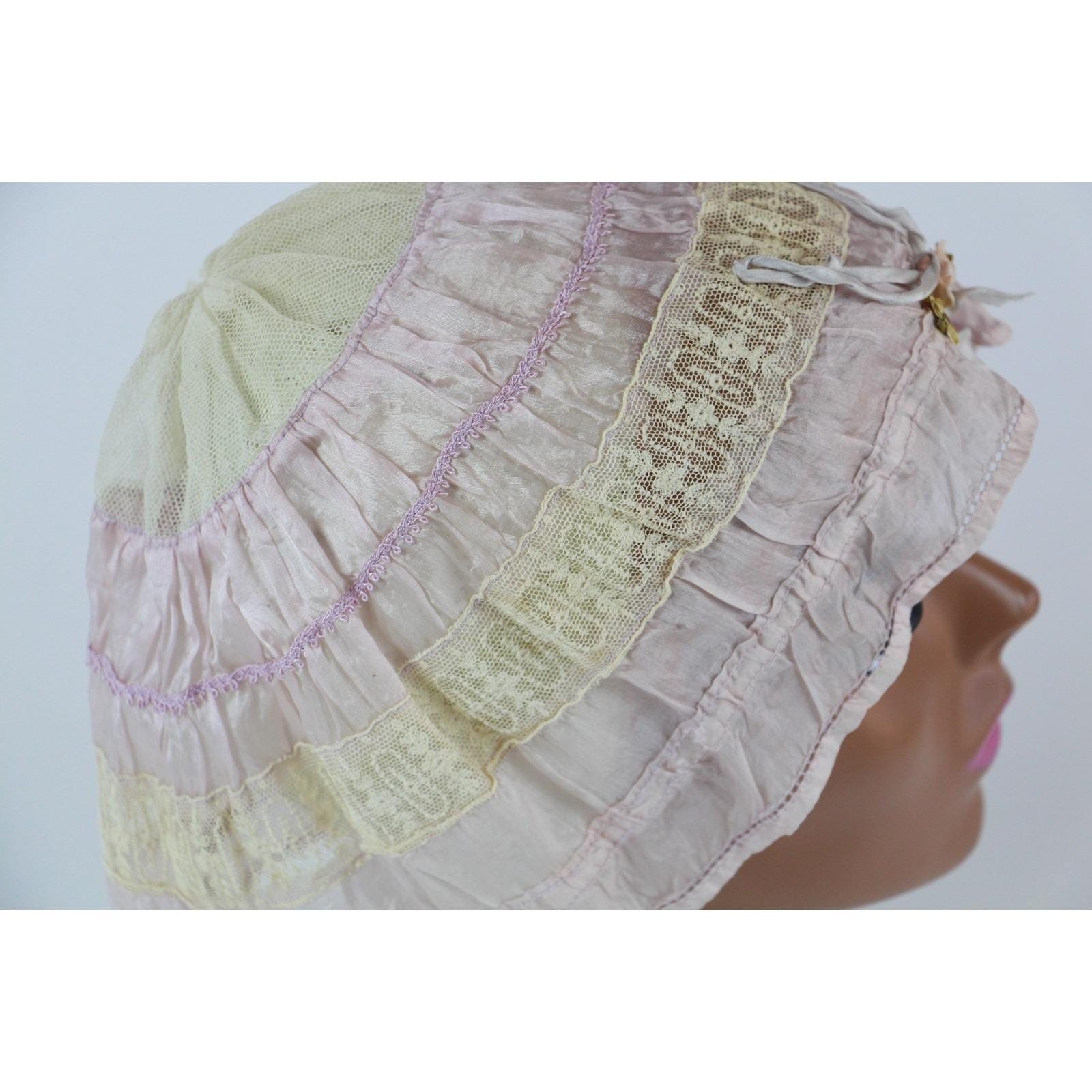 Vintage 1900s Silk Boudoir Cap Lace Edwardian Pink Ribbon Floral Lingerie Hat