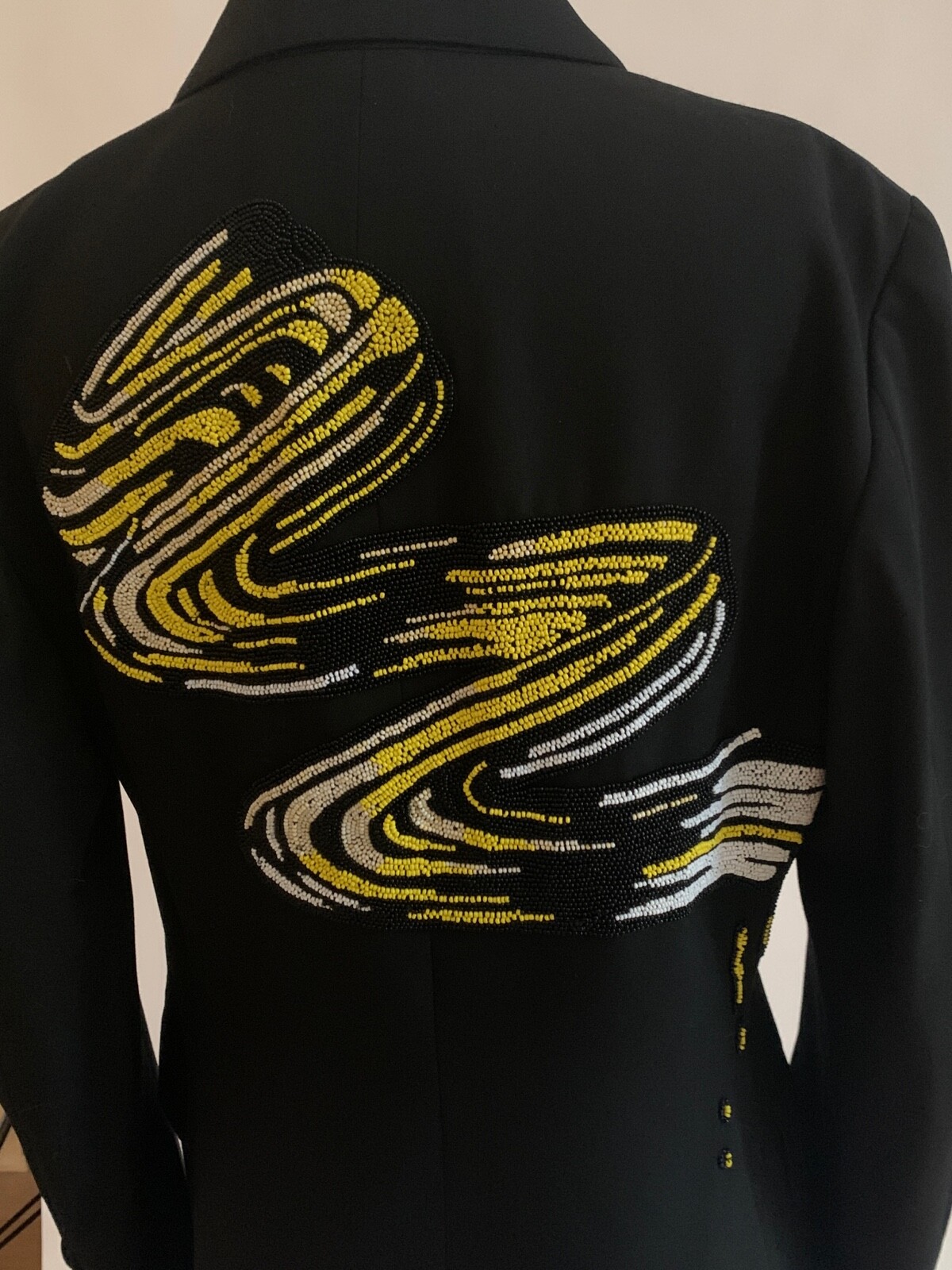 Moschino Couture 1990s Beaded Paint Swirl Tuxedo Jacket Black Yellow IT 42, 4/6