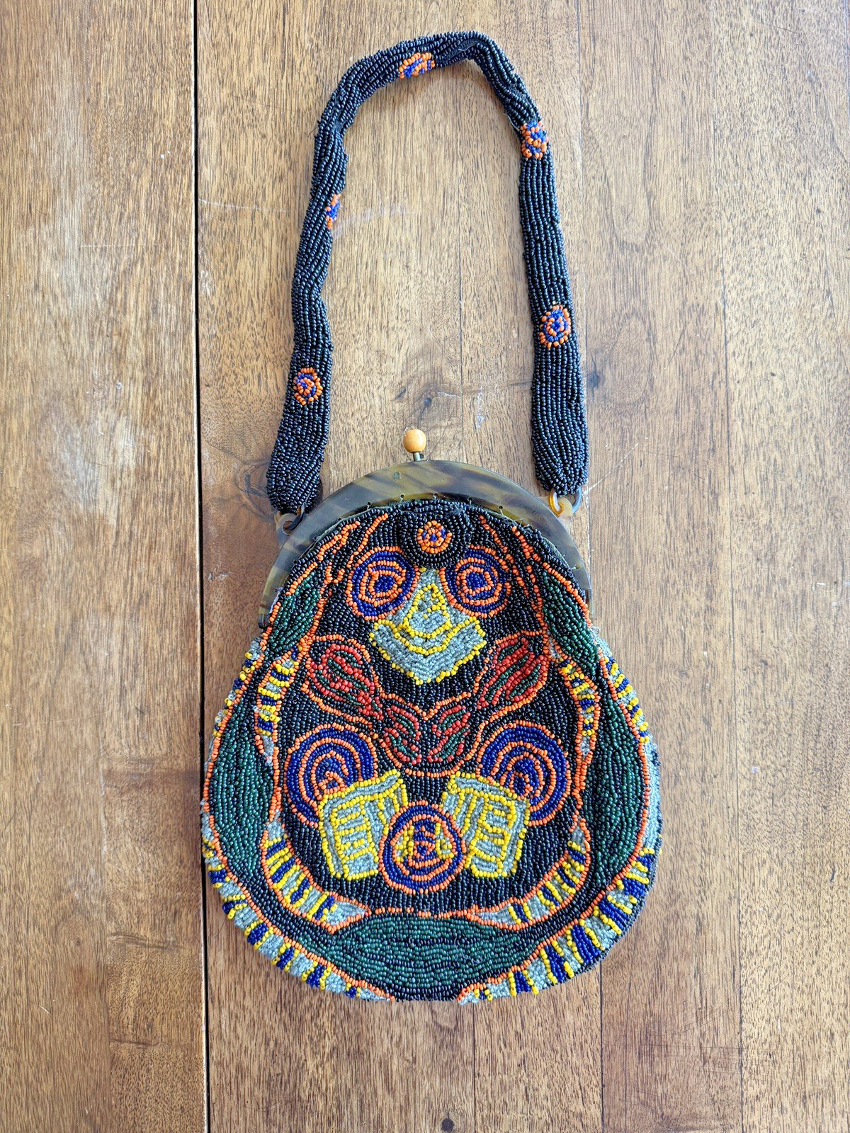 Vtg Seed Beaded Floral Handbag/ Sling Bag with Faux Tortoise Frame 1920’s-1930’s