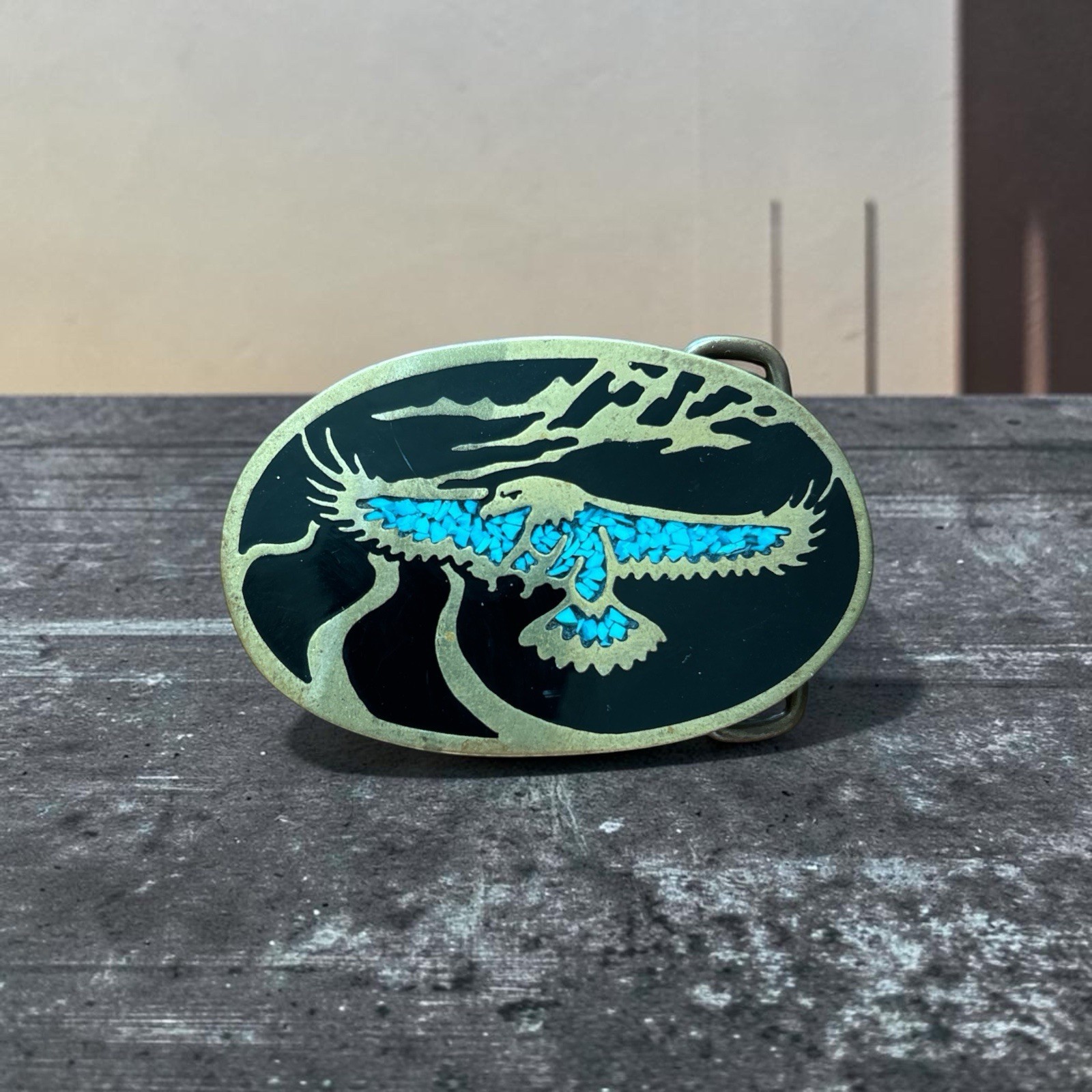 Eagle Lightning Metal Belt Buckle turquoise Vintage