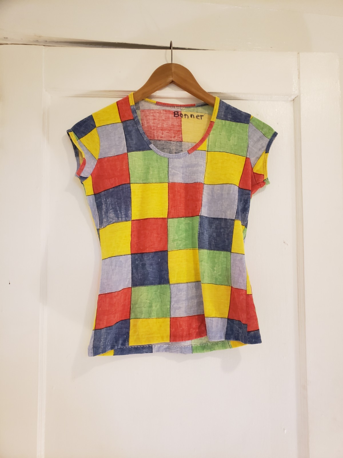 Vtg 70s Primary Pop Art Sz S M Tshirt Thin Cotton Print Mod Disco Squares