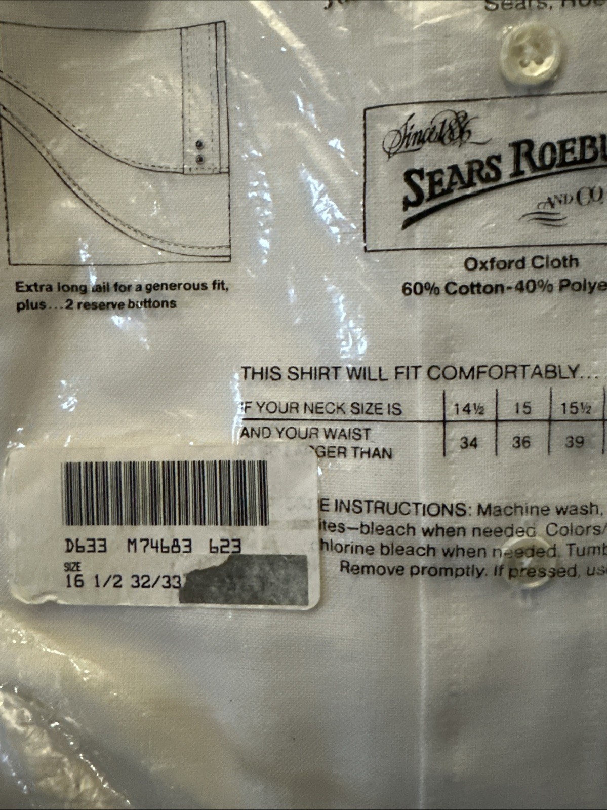 Vtg Sears Roebuck & Co Men’s Shirt White Button Up Oxford Cloth 16 1/2 32/33