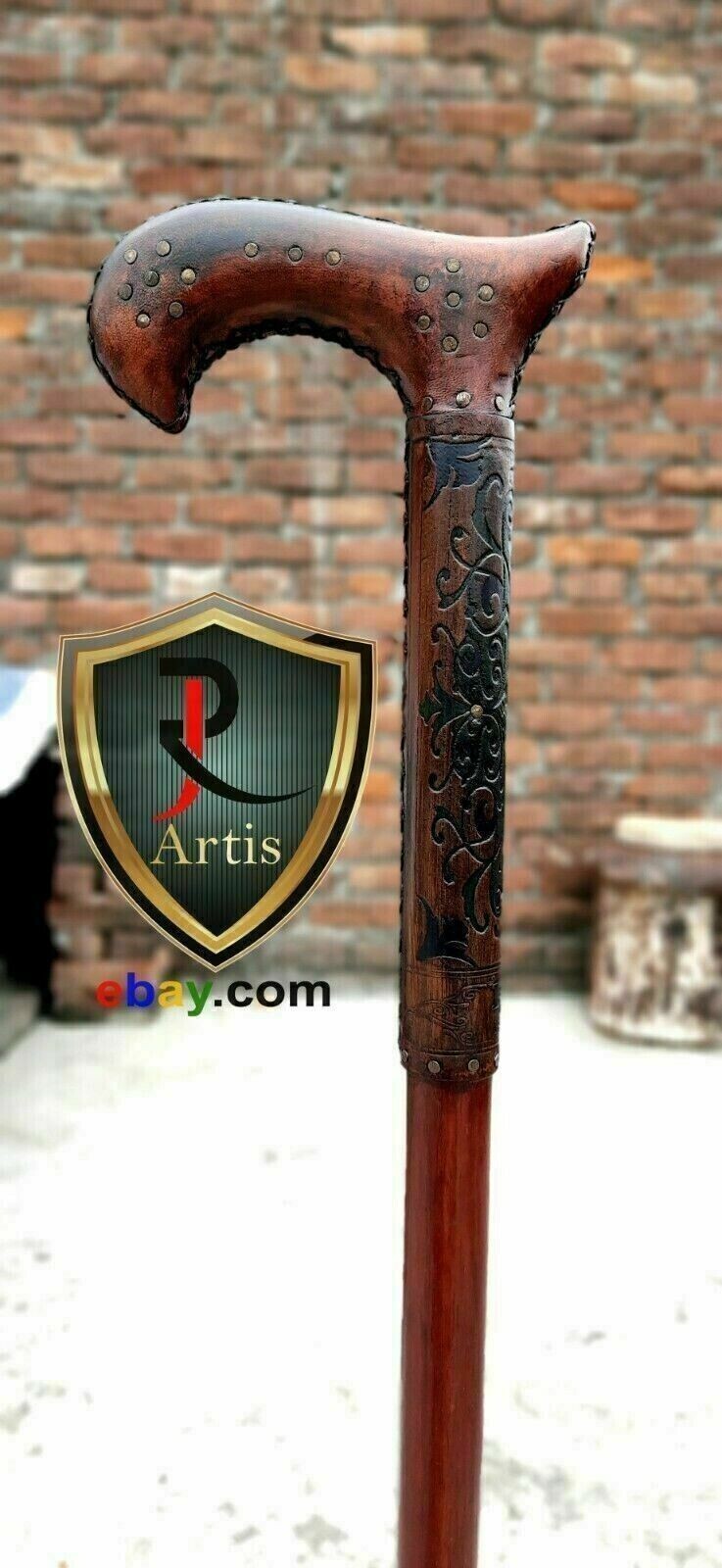 Antique Cane Walking Stick W/Leather Carved Cane Light Comfortable Handle Gift