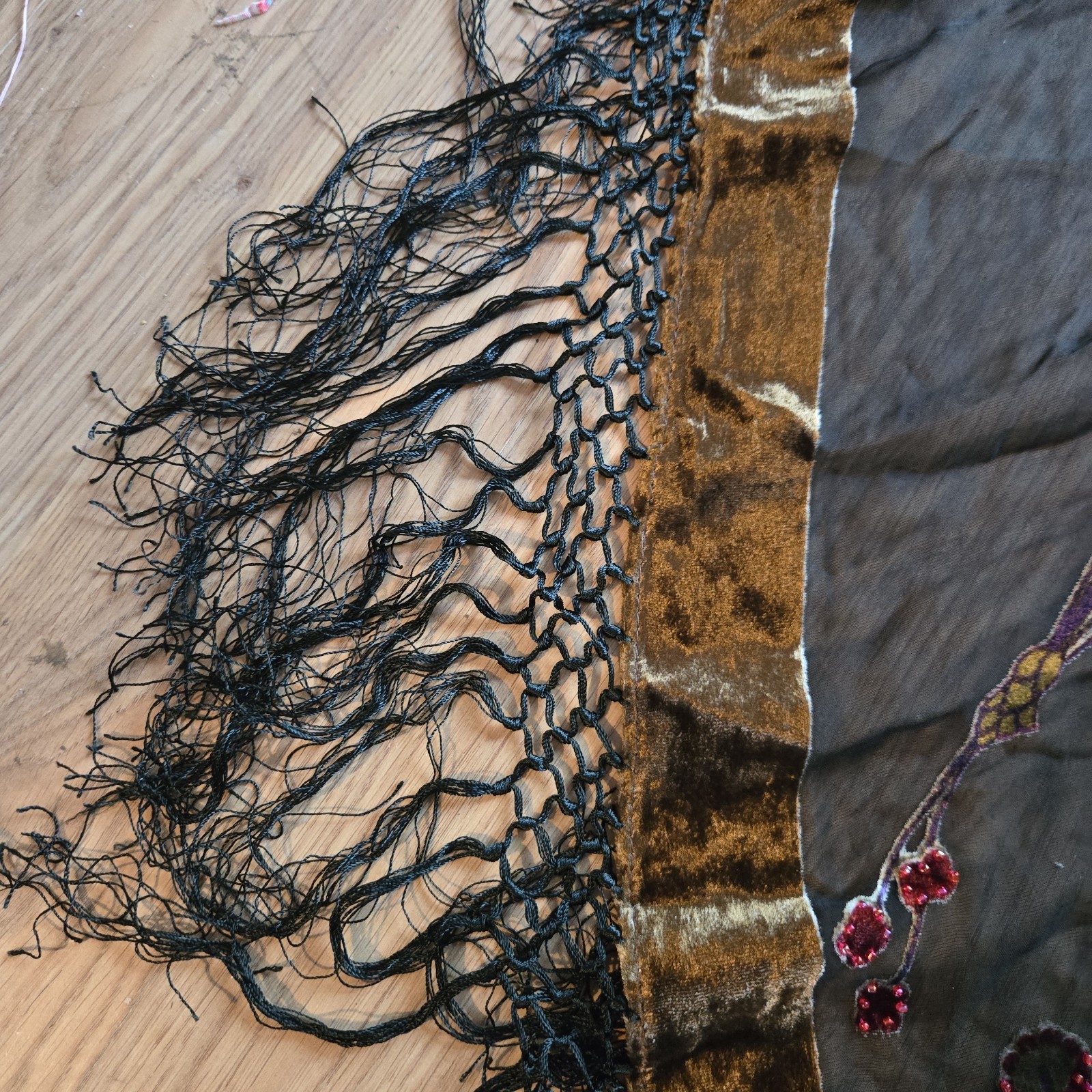 Sheer Y2K Silk Velvet Burnout Figures Beaded Fringe Festival Scarf Vintage 90s