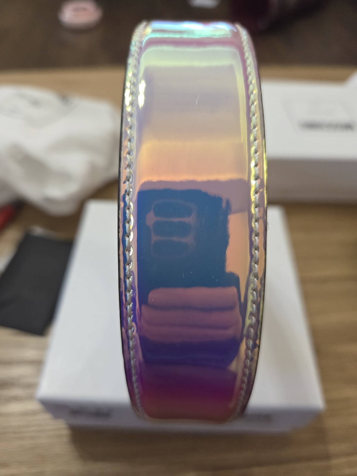 Moschino Couture Logo Silver Lettering Iridescent Belt Size 58 Z2 A8023