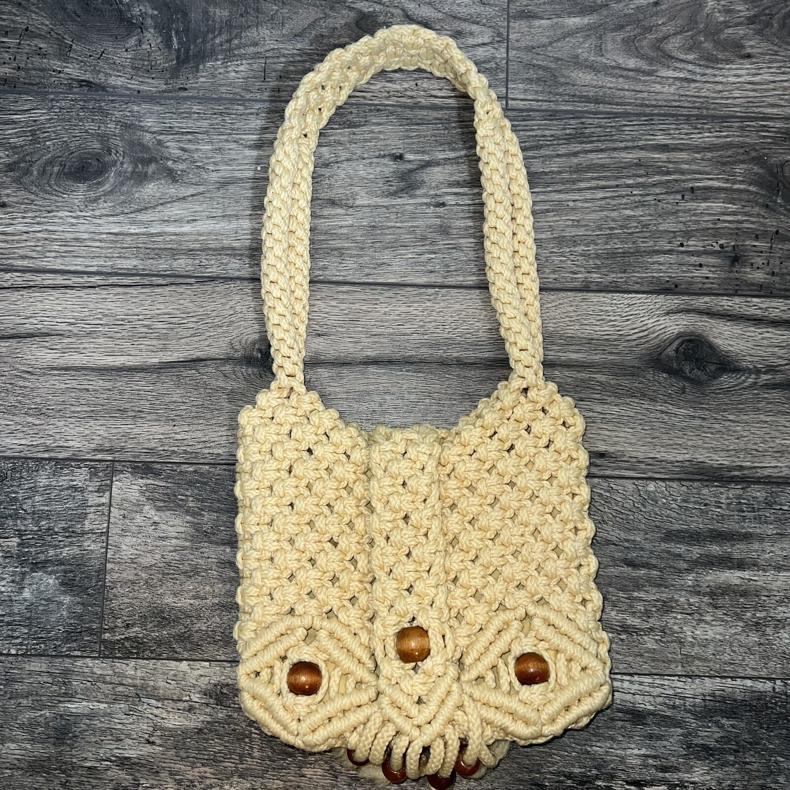 Macrame Purse Handbag-Unbranded-Vintage-Cream Ivory-Wooden Beads