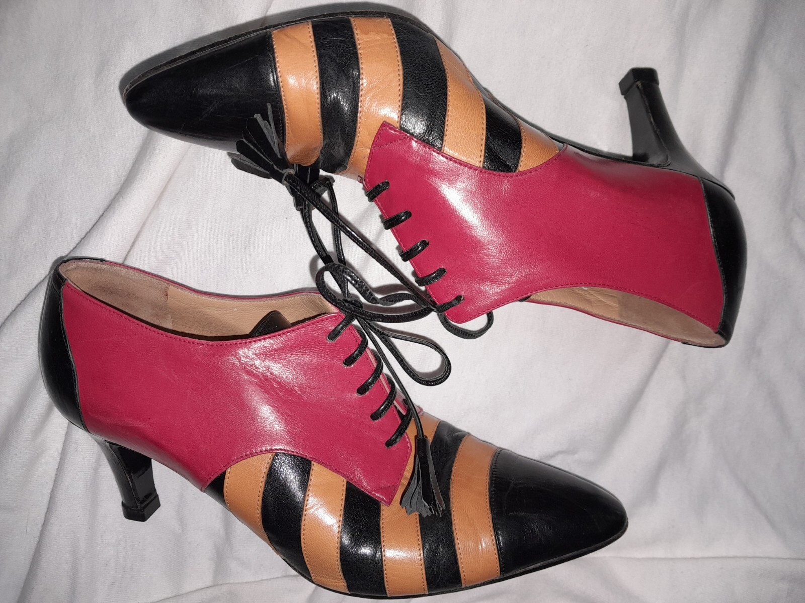 Vtg 80s 90s MOSCHINO Stripe Spectator Pump Witch Heel Victorian Boot Shoe 37 6.5