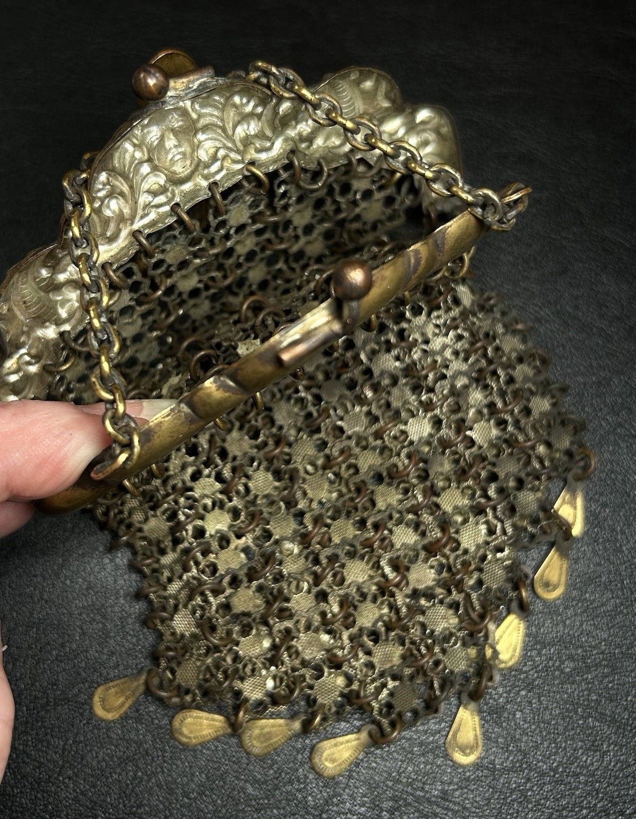 Antique Art Nouveau Brass Mesh Lady Frame & Fleur Di Lis Chained Clip Purse Bag