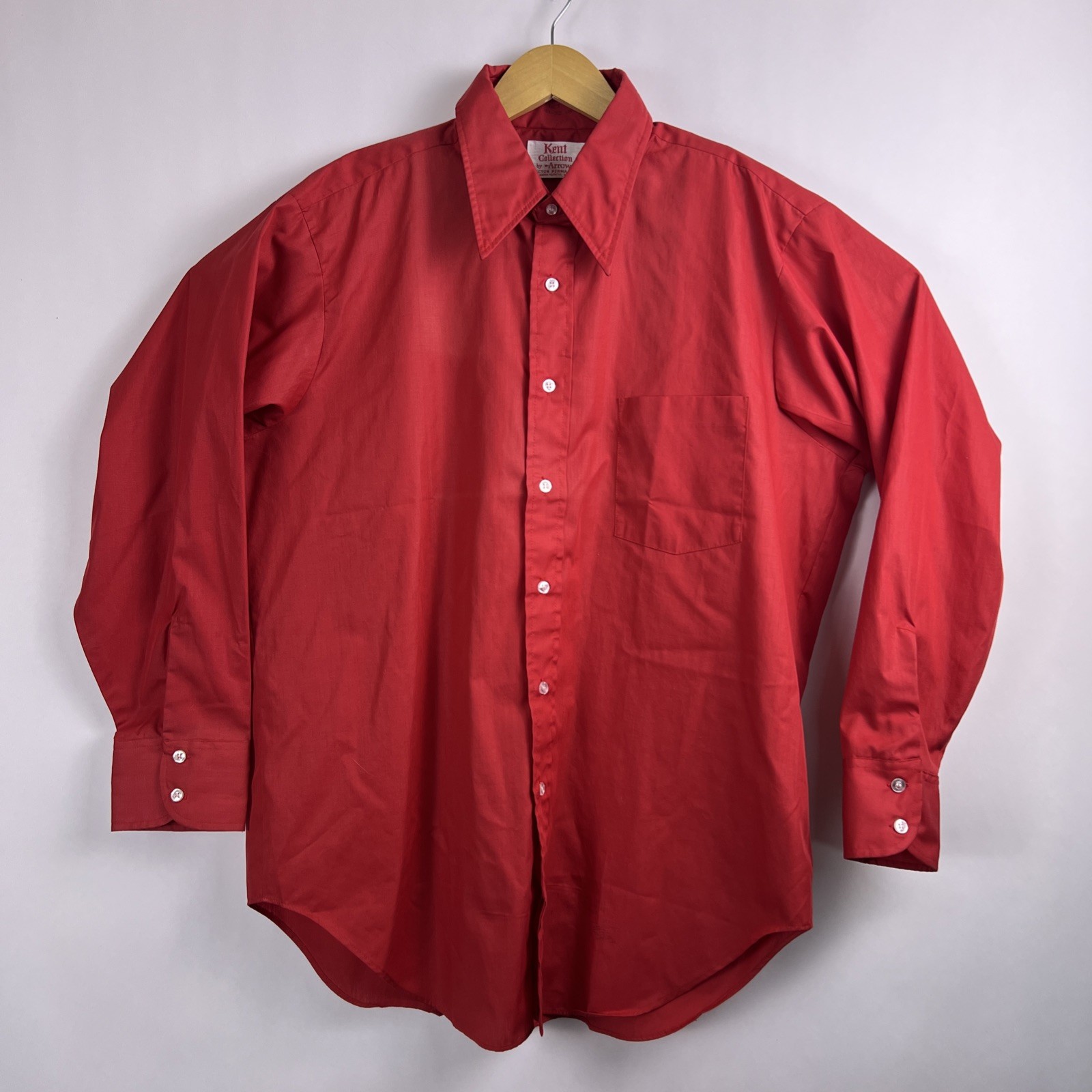 VTG 70s Arrow Kent Collection Mens 16-32 Red Dagger Collar Long Sleeve Button Up