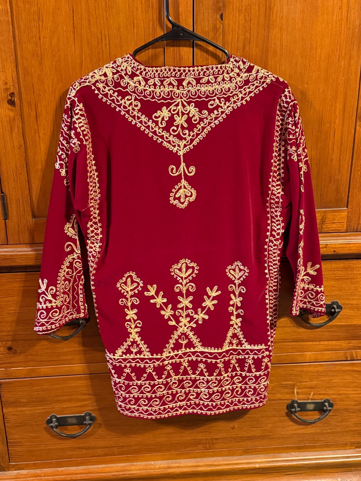 Vintage Dark Red Velvet Tunic Gold Metallic Thread Embroidery Kurta Boho Top