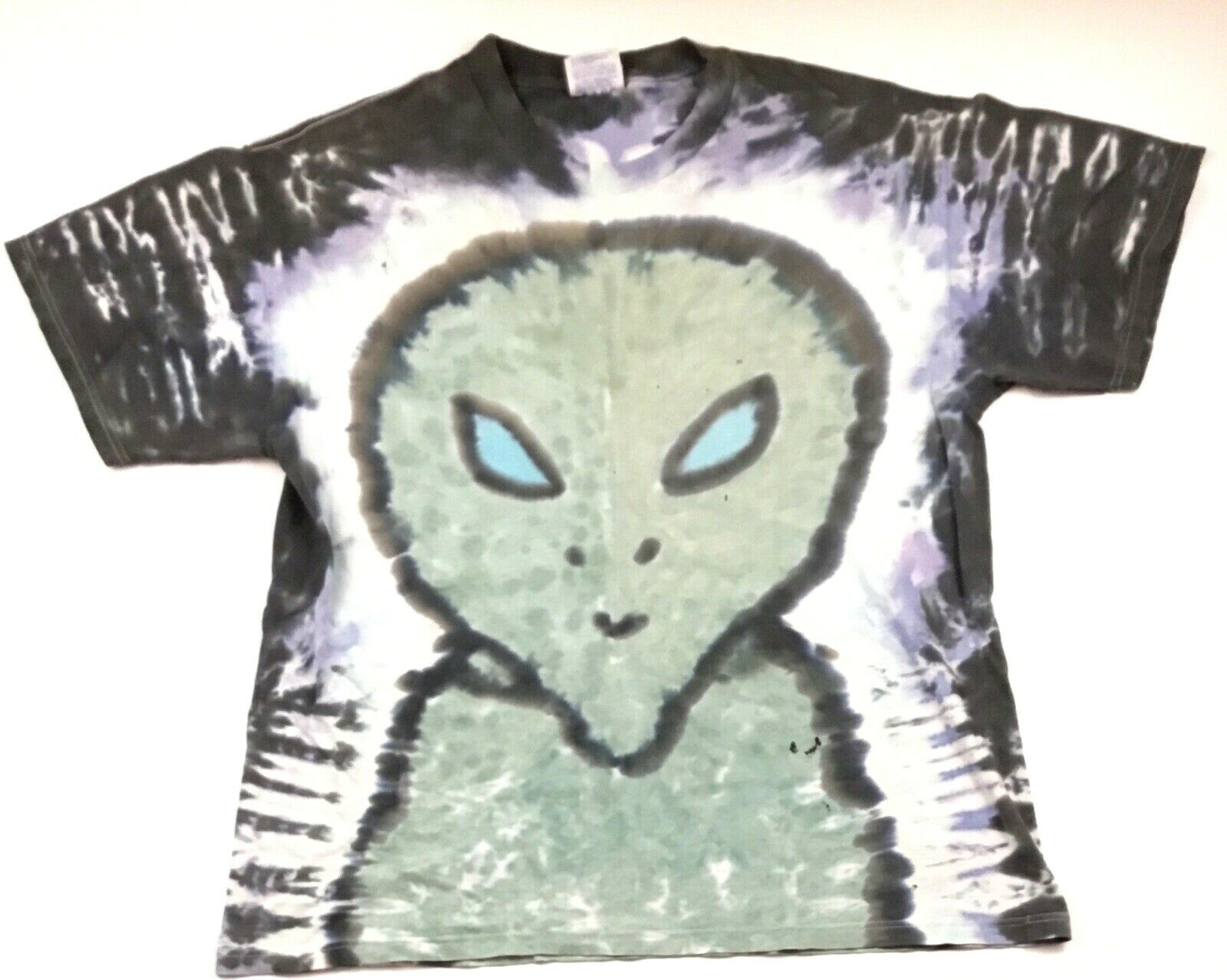 Vtg 90s Alien Head T-Shirt All Over Logo 2-Sided Tie Dye UFO Space Graphic Tee L