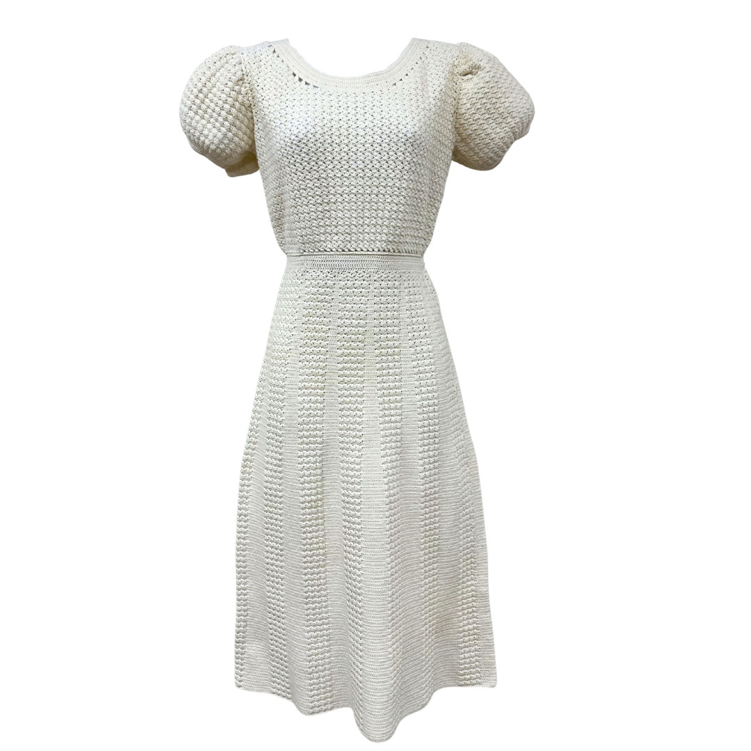 Vintage 1930s Ivory Hand Crochet Puff Sleeve Fit & Flare Dress