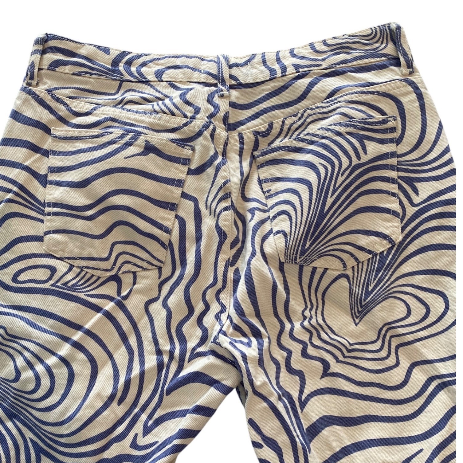 Zara Womens Blue and Cream Psychedelic Zebra Swirl Boot Cut Jeans Size 10 Retro
