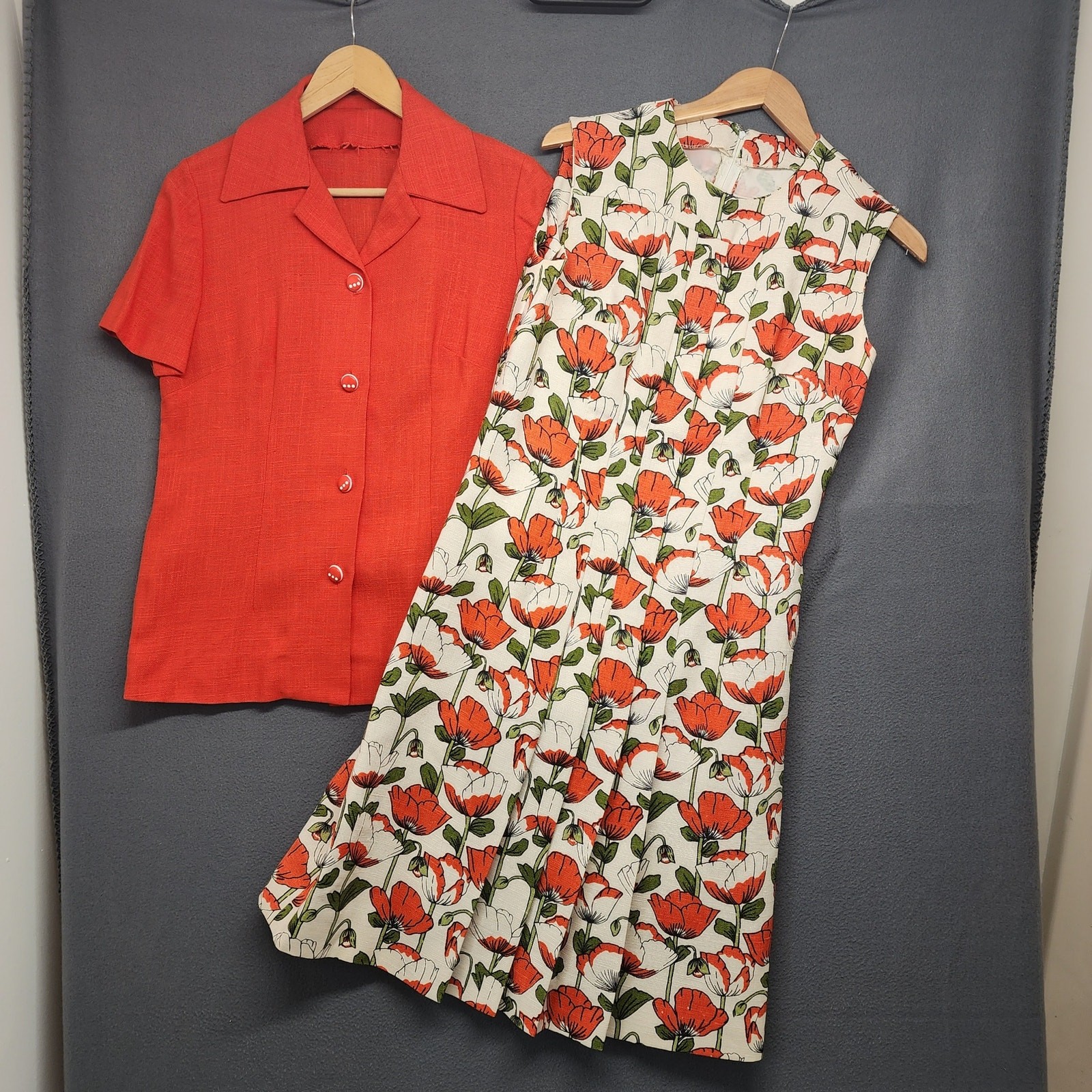 Vtg 60s Handmade Womens 2 Piece Dress Top Set Orange Floral Mod Pleat Belt Twee