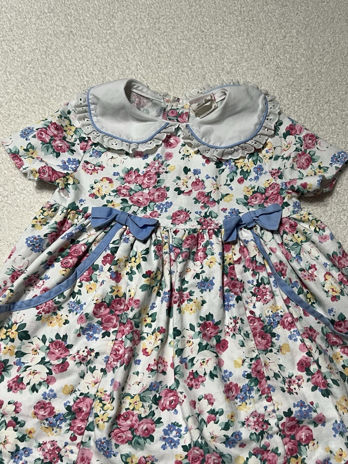 VTG 80’s Carters Floral Dress Lace Collar Ribbon Bow Rose 3T 1983 Pink Blue