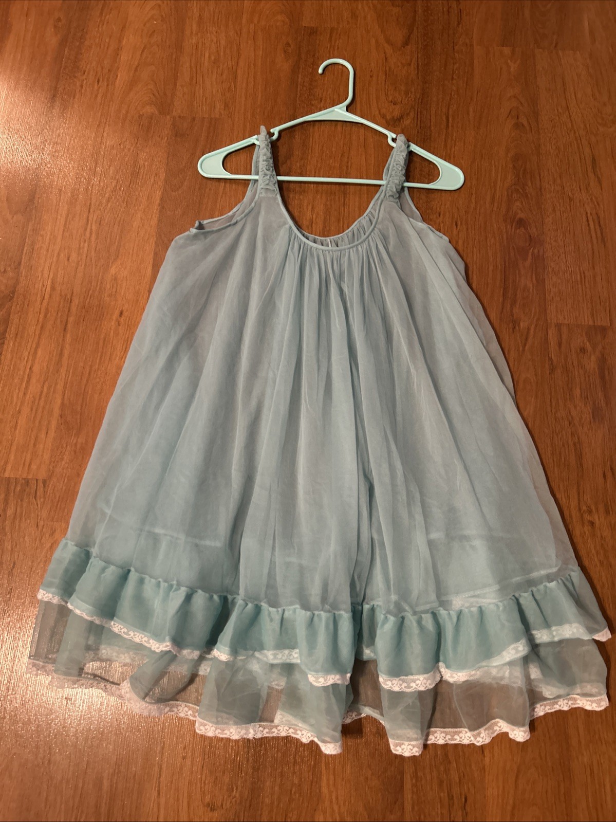 Vintage Rare Miss Elaine Aqua Nightgown Blue Sheer Chiffon Lace Babydoll