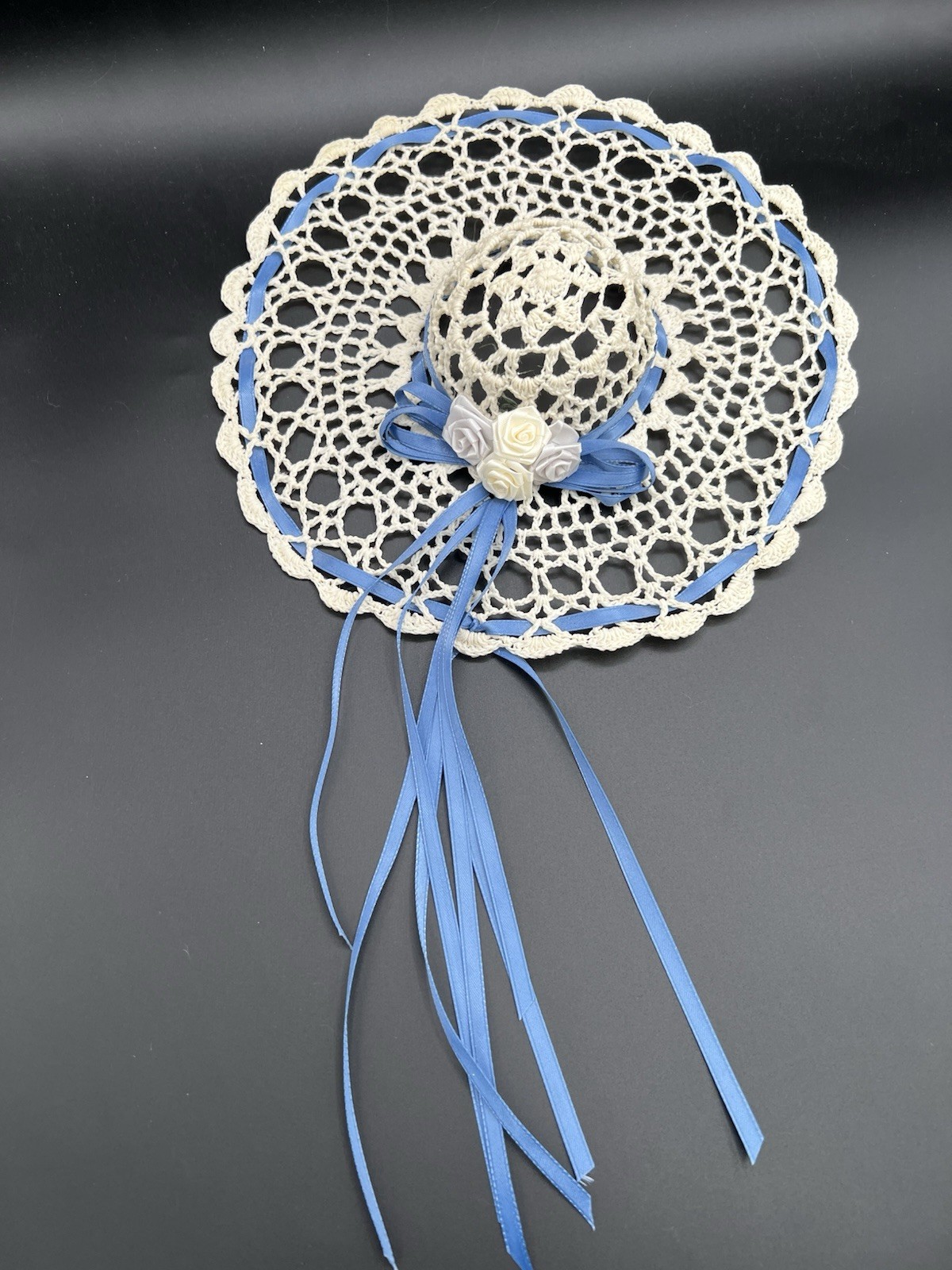 Vintage White Hat Shaped Crochet with Blue Ribbon And 4 Flowers